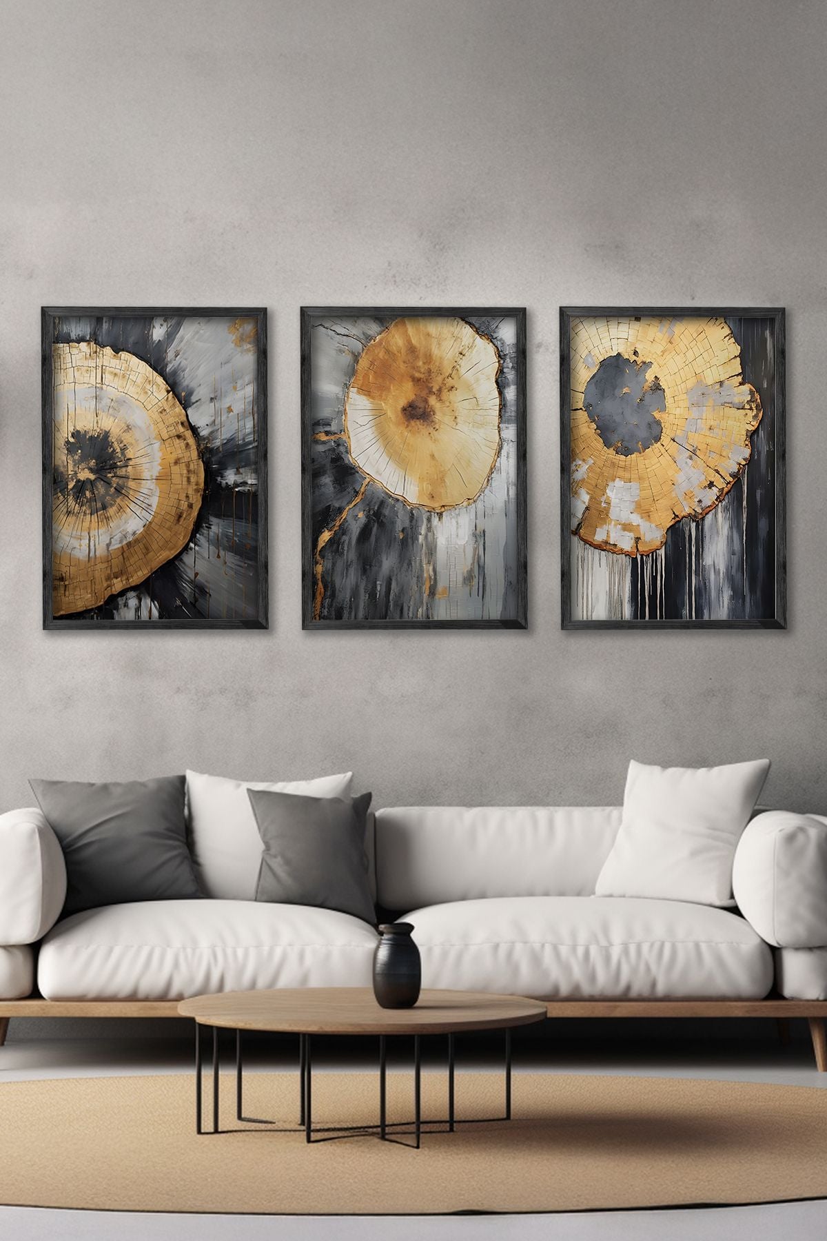 Conjunto de 3 Quadros Decorativos Multicolor com Moldura de Madeira Maciça - 34x49cm