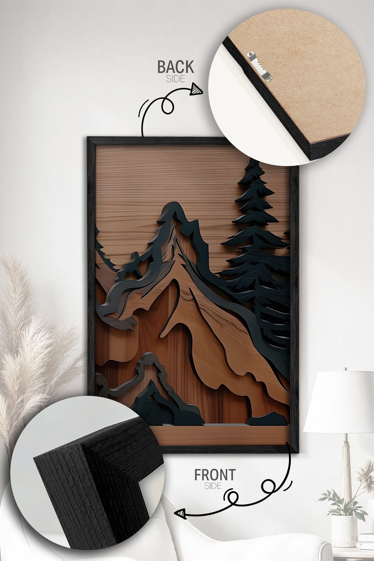 Conjunto de 3 Quadros Decorativos Multicolor com Moldura de Madeira Maciça - 34x49cm