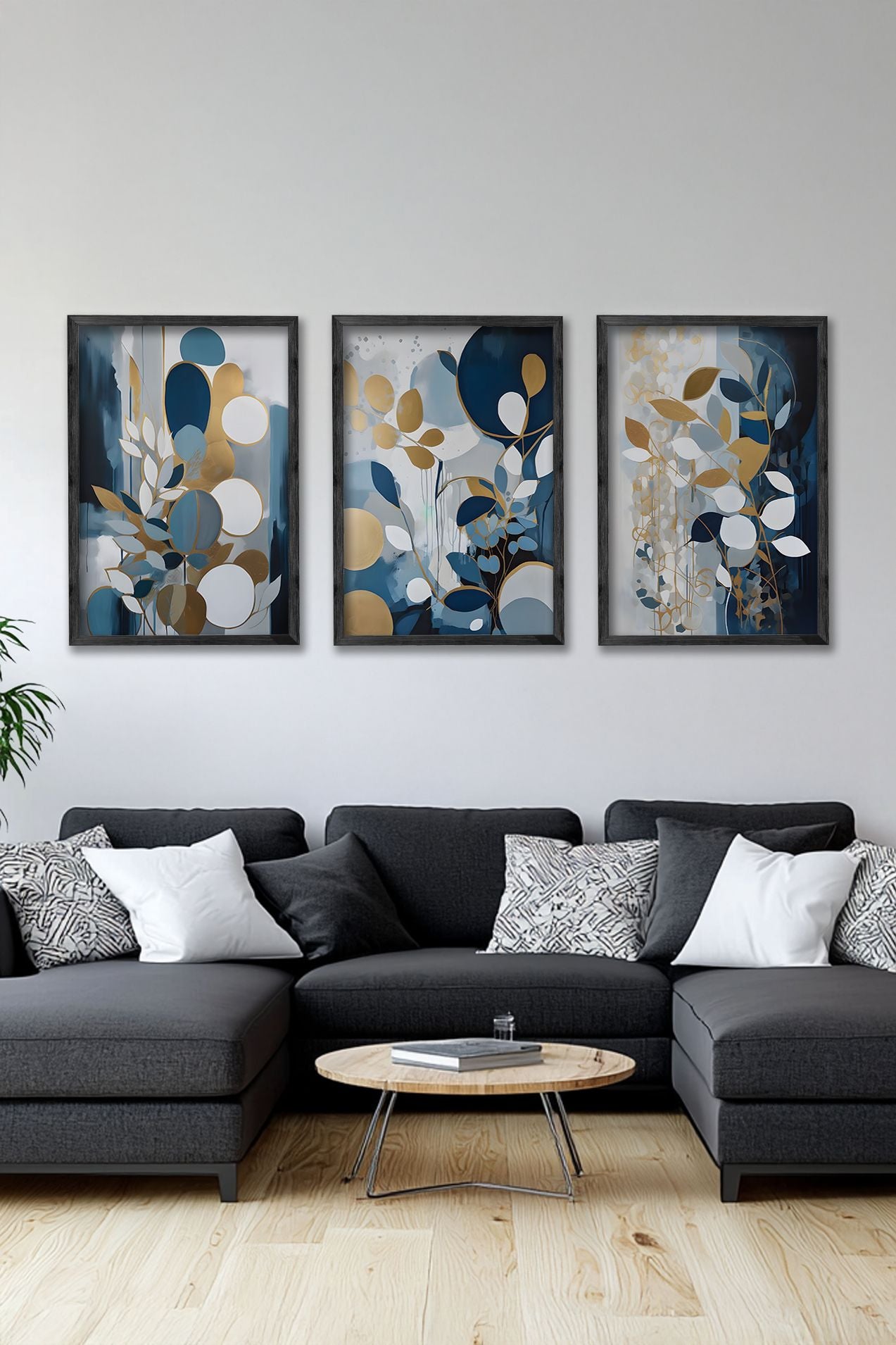 Conjunto de 3 Quadros Decorativos Multicolor com Moldura de Madeira Maciça - 34x49cm