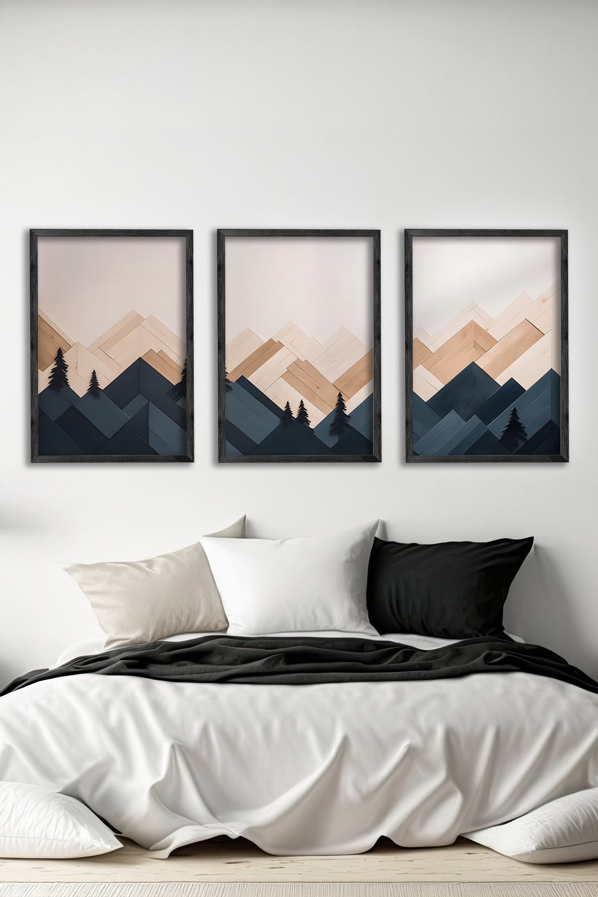 Conjunto de 3 Quadros Decorativos Multicolor com Moldura de Madeira Maciça - 34x49cm