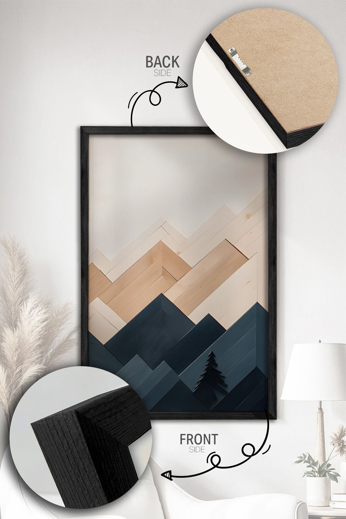 Conjunto de 3 Quadros Decorativos Multicolor com Moldura de Madeira Maciça - 34x49cm