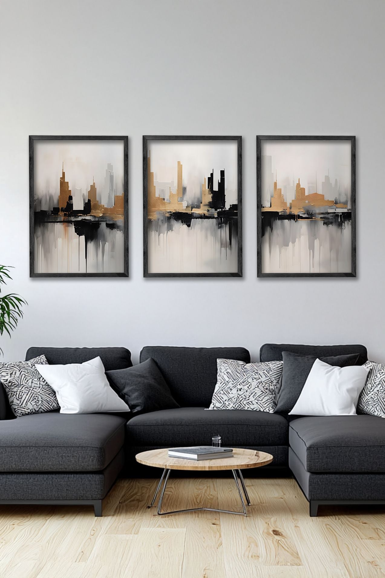 Conjunto de 3 Quadros Decorativos Multicolor com Moldura de Madeira Maciça - 34x49cm