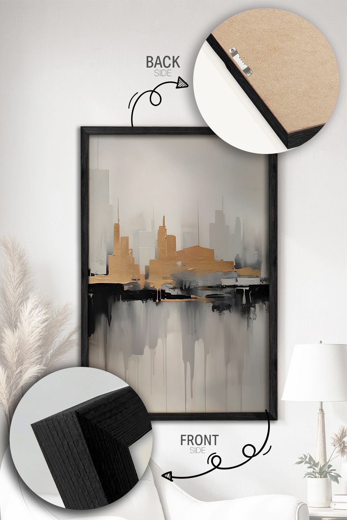 Conjunto de 3 Quadros Decorativos Multicolor com Moldura de Madeira Maciça - 34x49cm