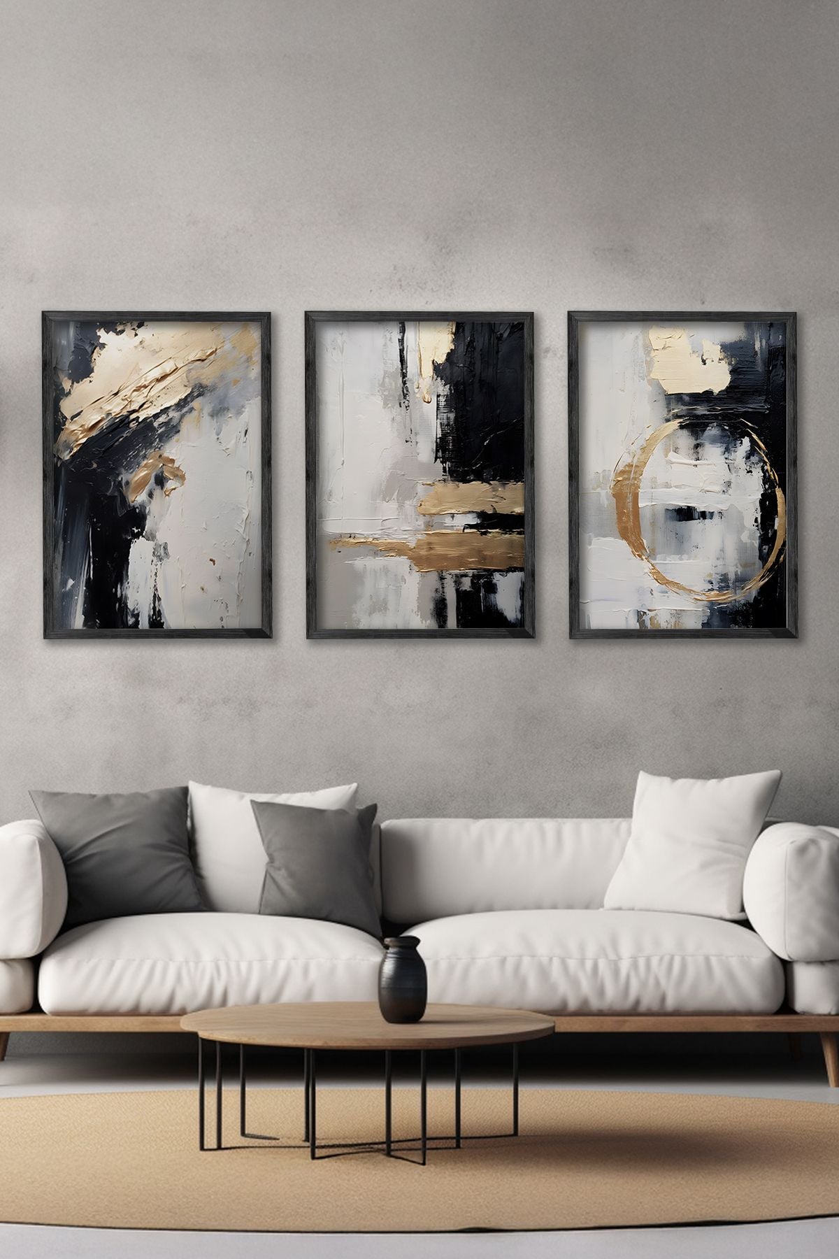 Conjunto de 3 Quadros Decorativos Multicolor com Moldura de Madeira Maciça - 34x49cm