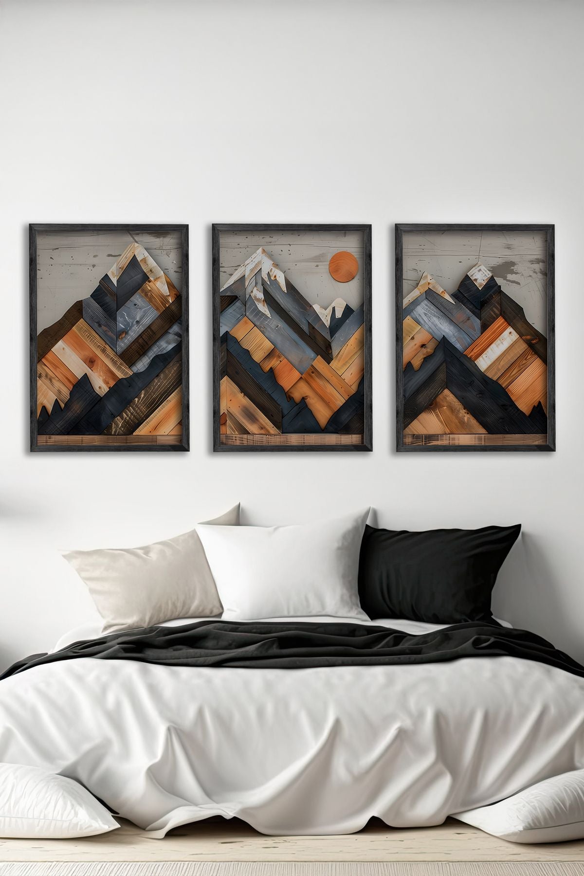 Conjunto de 3 Quadros Decorativos Multicolor com Moldura de Madeira Maciça - 34x49cm