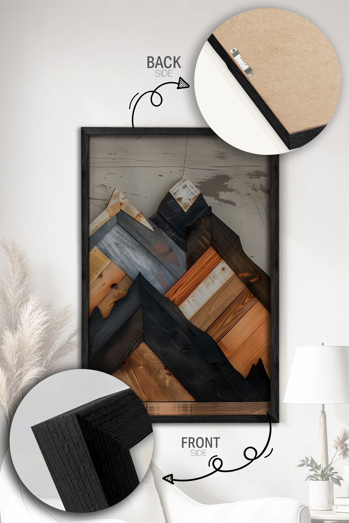 Conjunto de 3 Quadros Decorativos Multicolor com Moldura de Madeira Maciça - 34x49cm