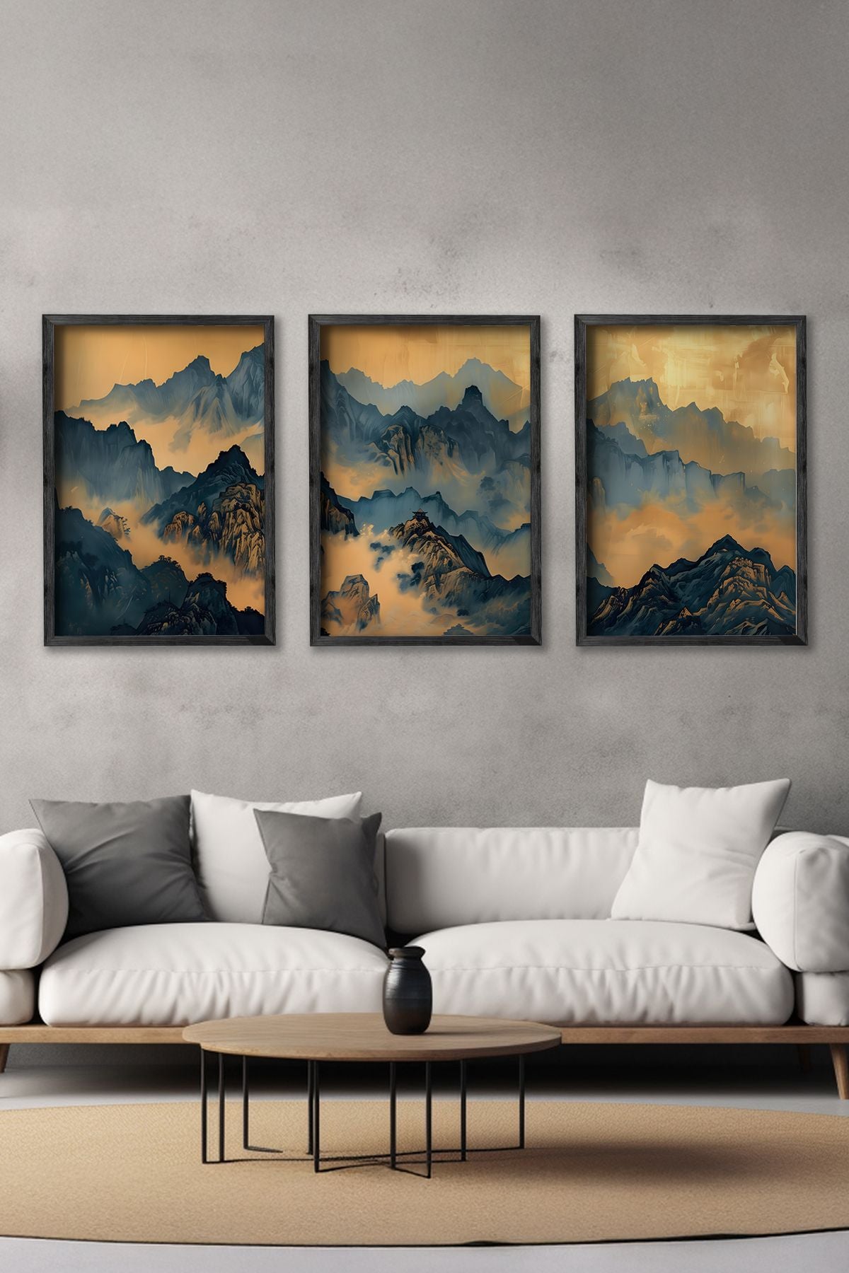 Conjunto de 3 Quadros Decorativos Multicolor com Moldura de Madeira Maciça - 34x49cm