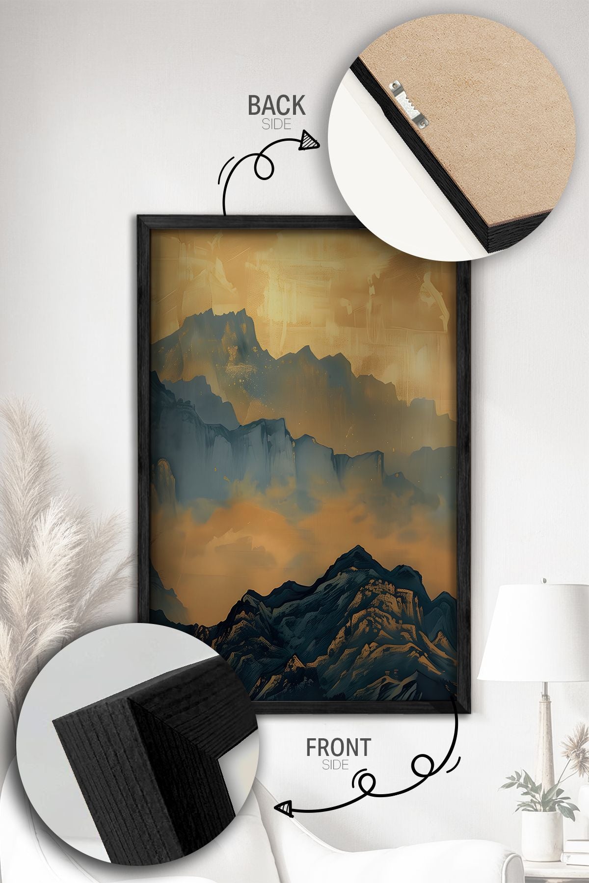 Conjunto de 3 Quadros Decorativos Multicolor com Moldura de Madeira Maciça - 34x49cm