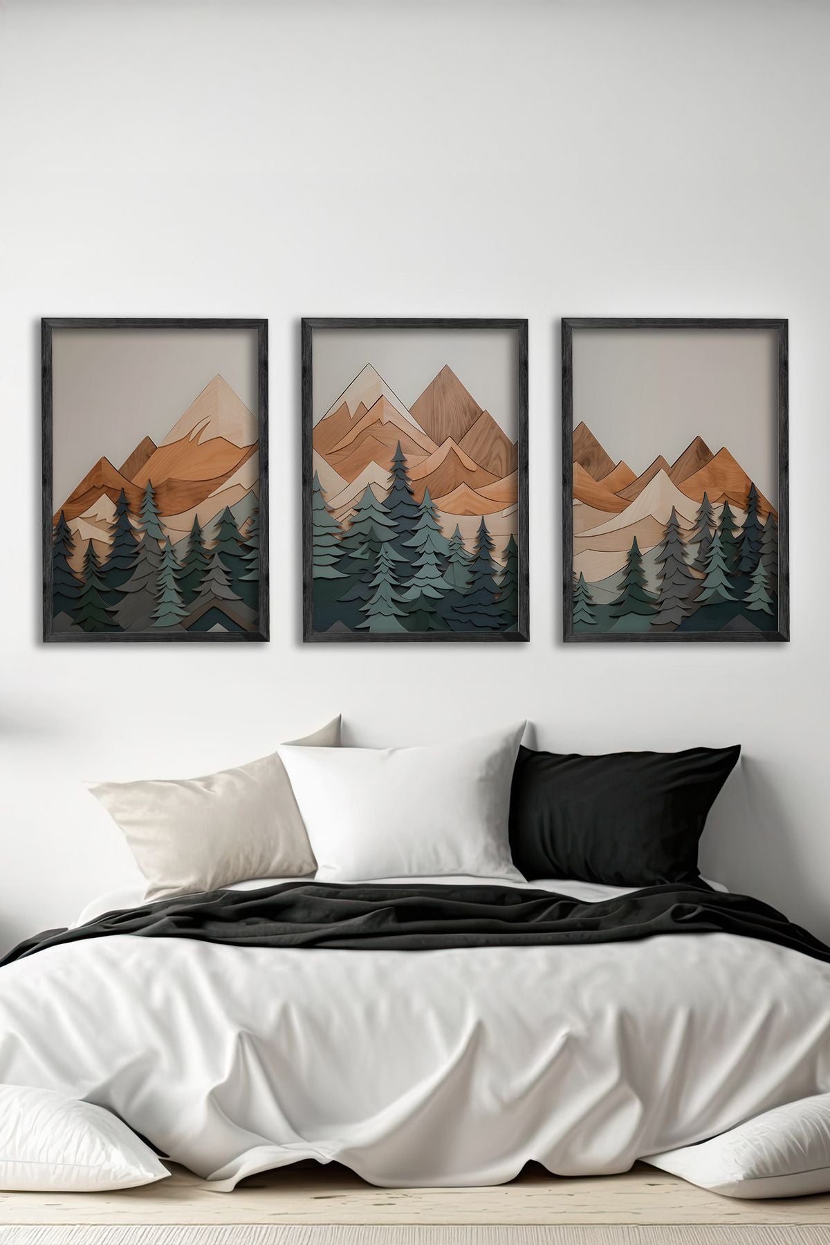 Conjunto de 3 Quadros Decorativos Multicolor com Moldura de Madeira Maciça - 34x49cm