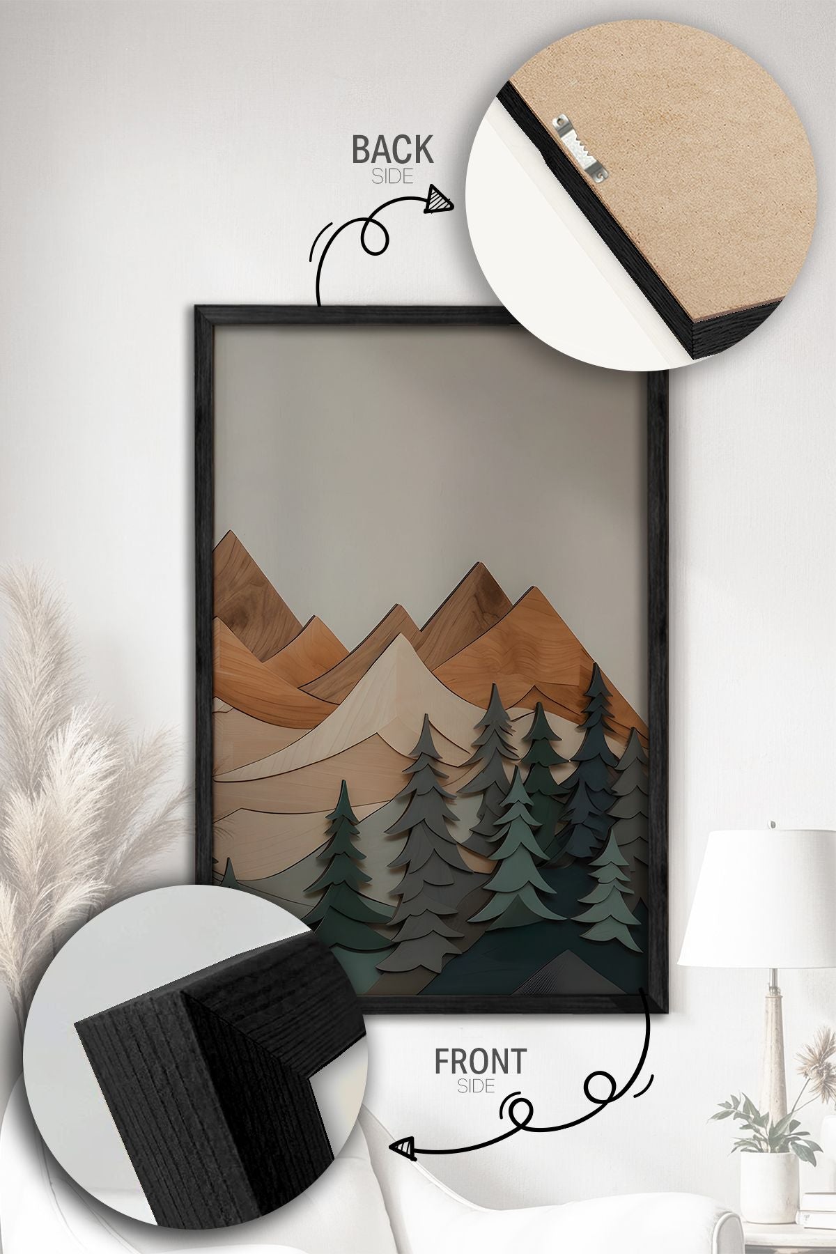 Conjunto de 3 Quadros Decorativos Multicolor com Moldura de Madeira Maciça - 34x49cm