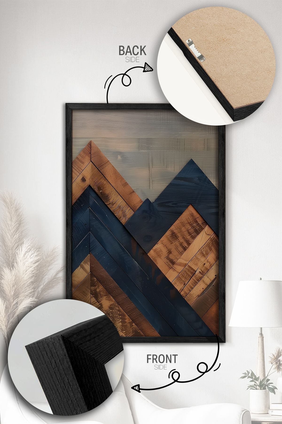 Conjunto de 3 Quadros Decorativos Multicolor com Moldura de Madeira Maciça - 34x49cm