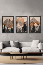 Conjunto de 3 Quadros Decorativos Multicolor com Moldura de Madeira Maciça - 34x49cm