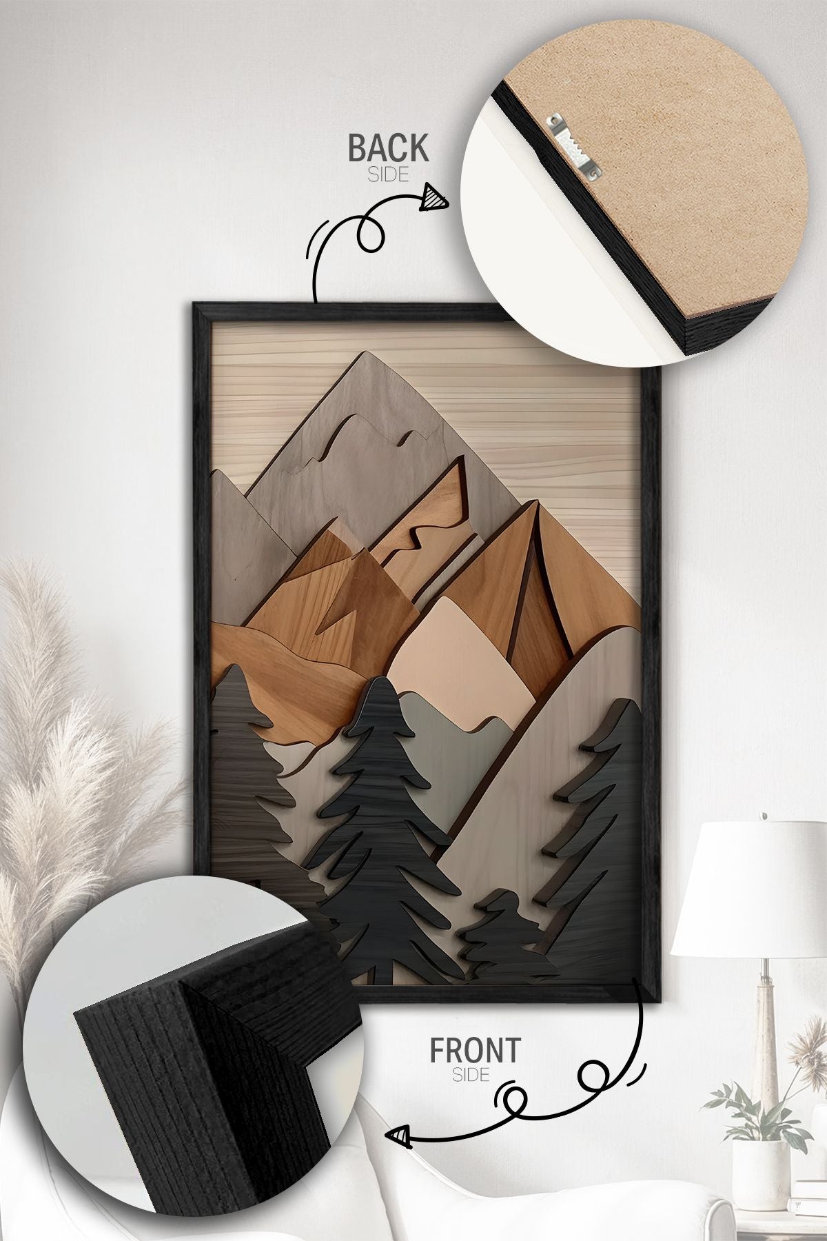 Conjunto de 3 Quadros Decorativos Multicolor com Moldura de Madeira Maciça - 34x49cm