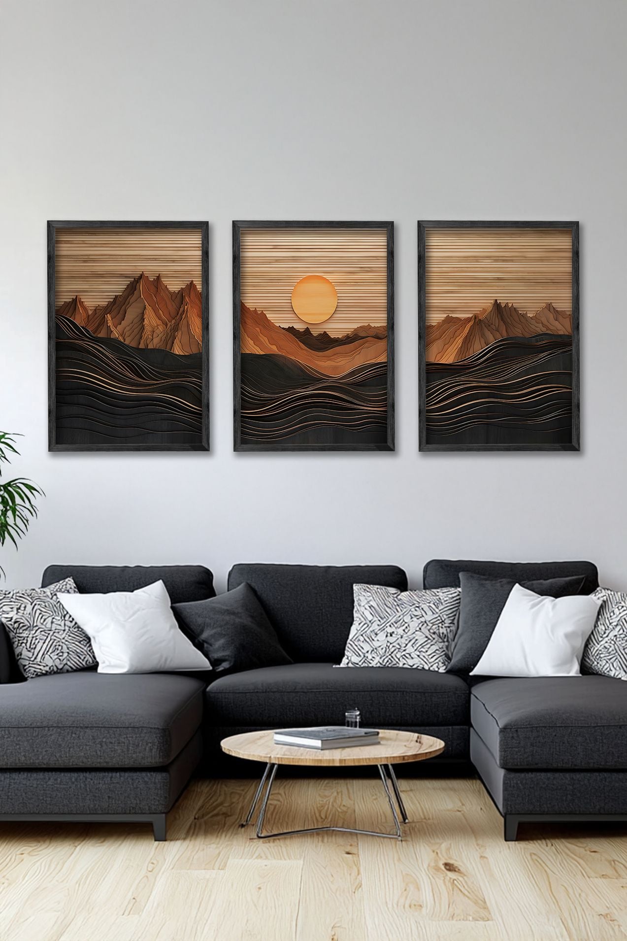 Conjunto de 3 Quadros Decorativos Multicolor com Moldura de Madeira Maciça - 34x49cm