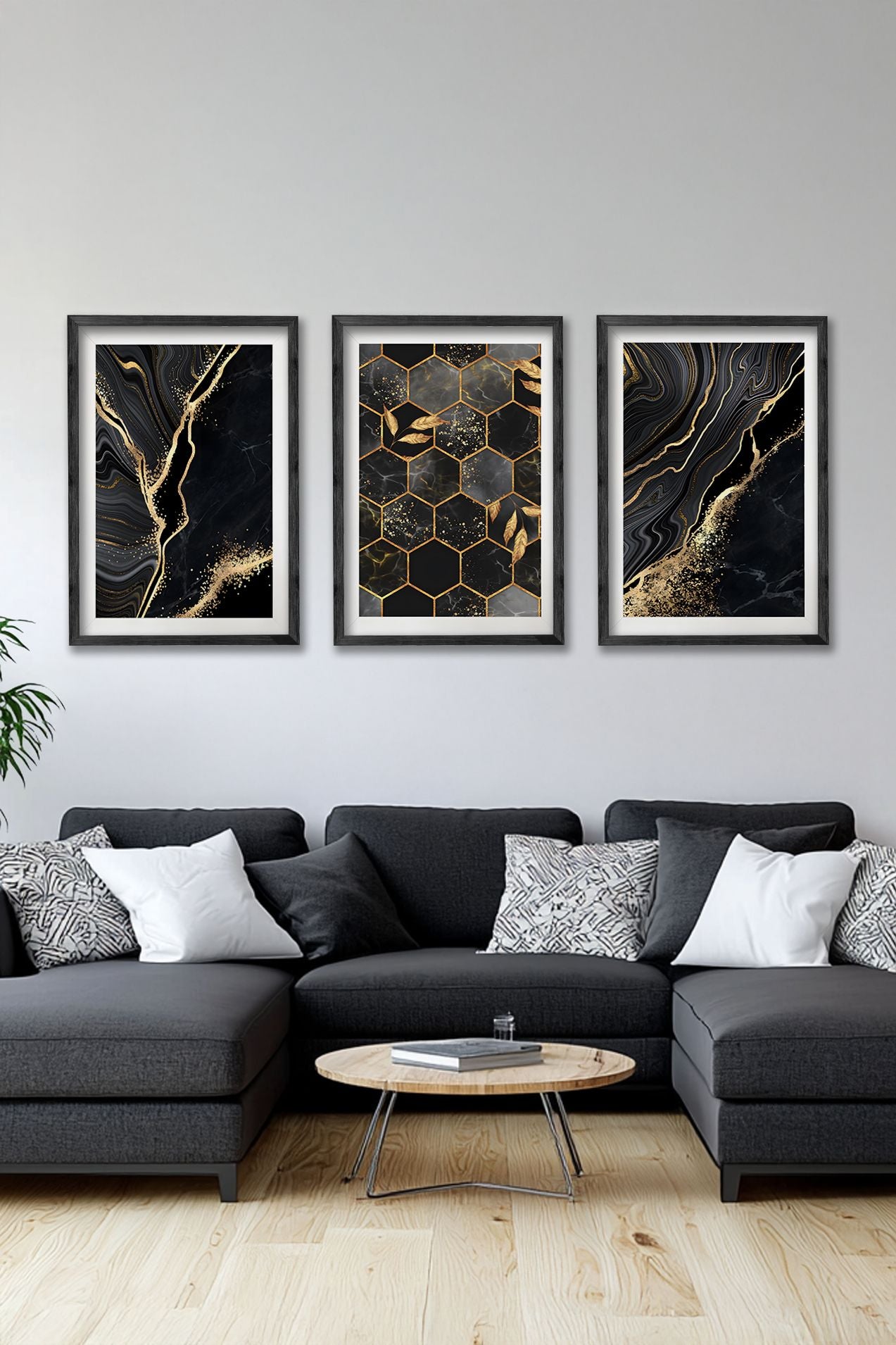 Conjunto de 3 Quadros Decorativos Multicolor com Moldura de Madeira Maciça - 34x49cm