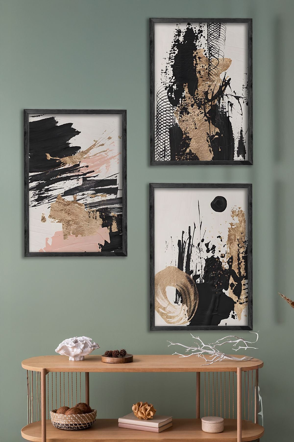 Conjunto de 3 Quadros Decorativos Multicolor com Moldura de Madeira Maciça - 34x49cm