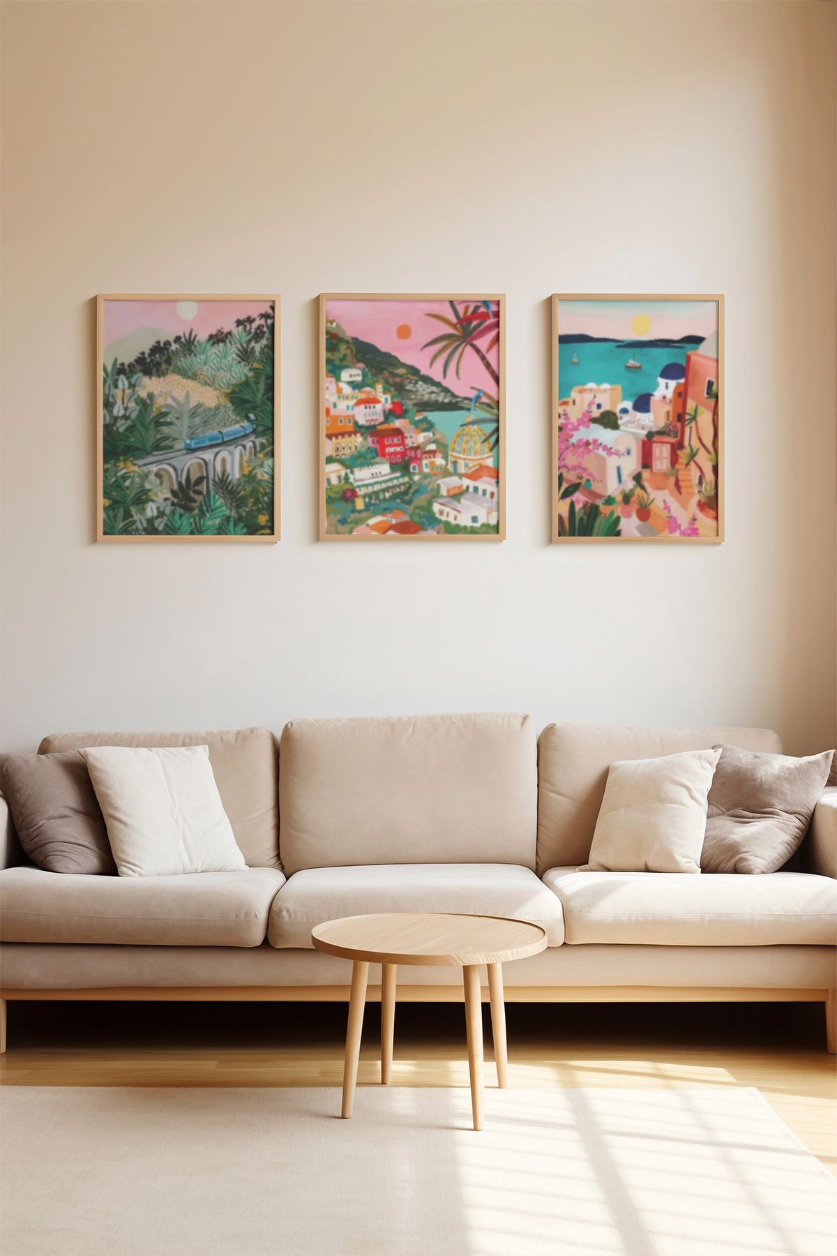 **Quadro Decorativo Emoldurado Multicolor em Madeira Maciça - 3 Peças 33x48cm - Impressão Digital Premium**