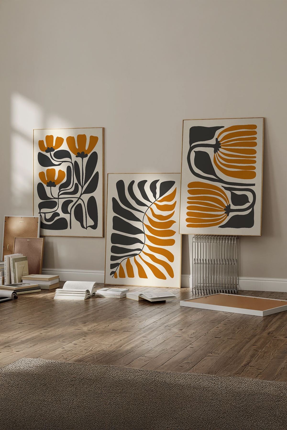 **Quadro Decorativo Emoldurado Multicolor em Madeira Maciça - Conjunto 3 Peças 33x48cm**