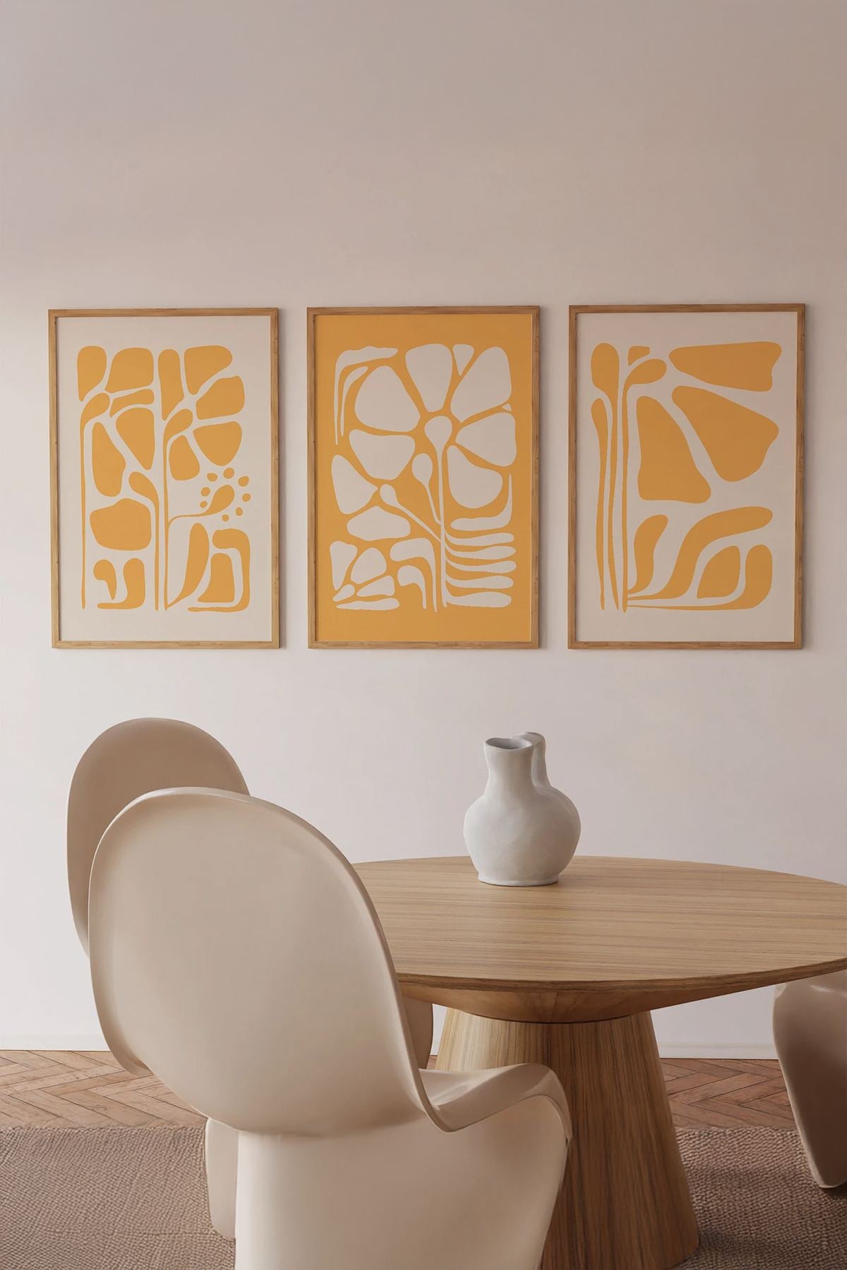 **Conjunto de 3 Quadros Decorativos Multicolor com Moldura de Madeira Maciça - 33x48cm**