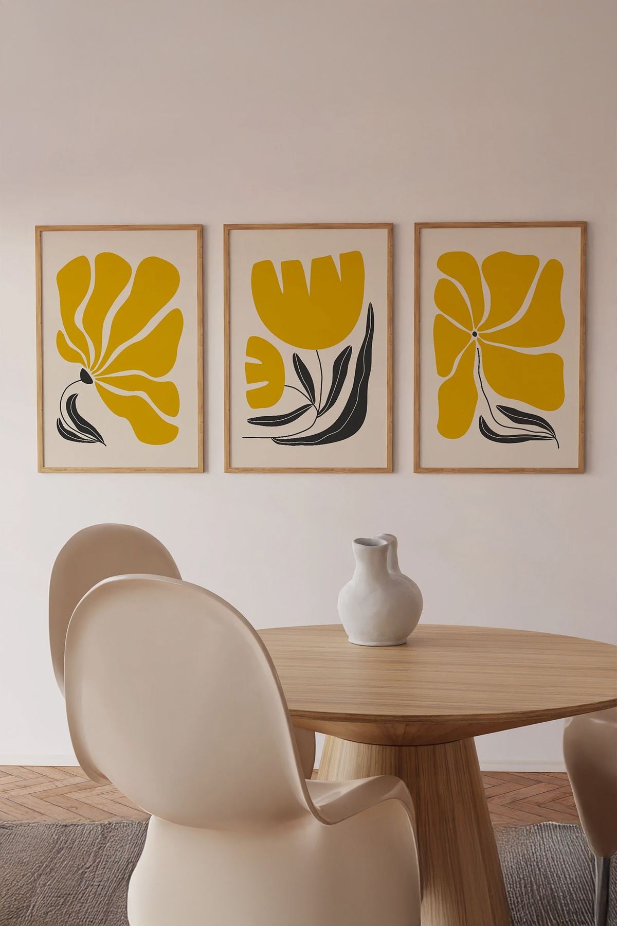 **Conjunto de 3 Quadros Decorativos Multicolor com Moldura de Madeira Maciça - 33x48cm**