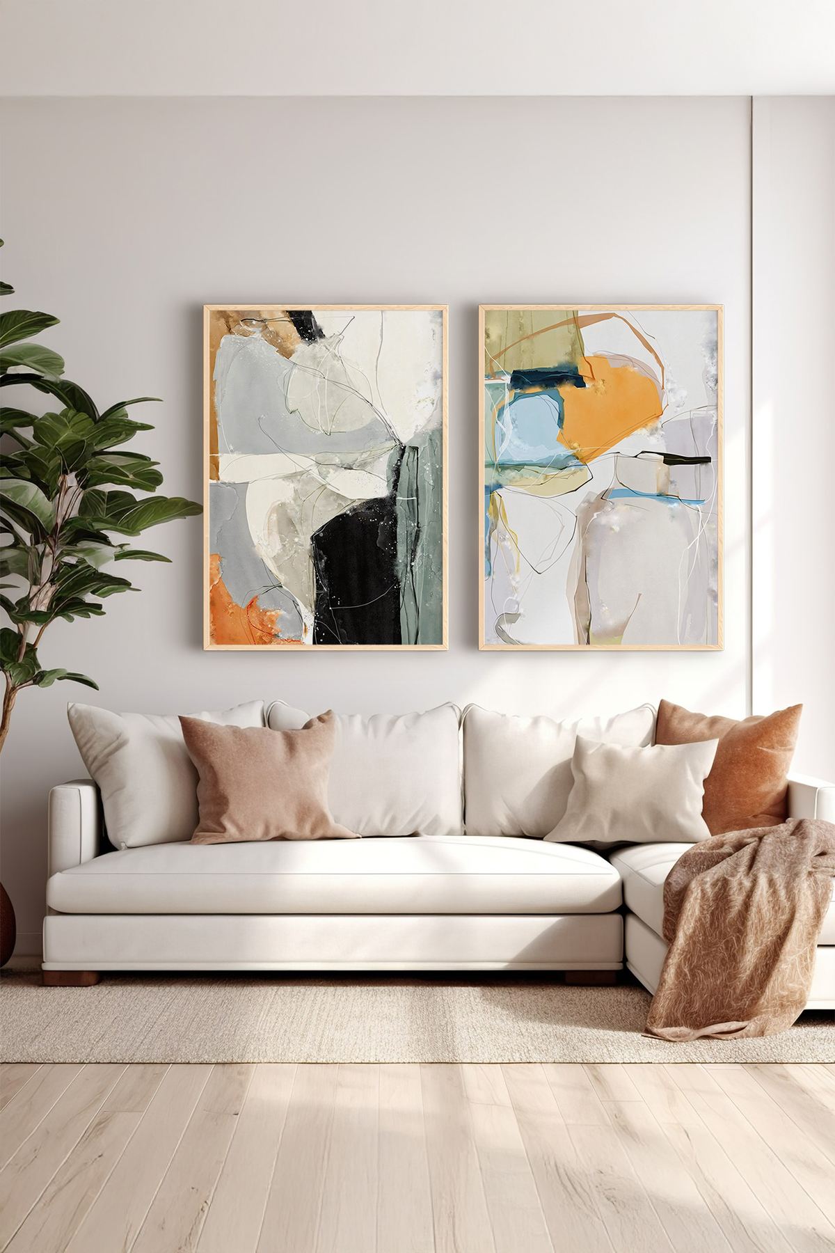 Conjunto de 2 Quadros Decorativos Emoldurados em Madeira Maciça - Impressão Digital Multicolor 33x48cm