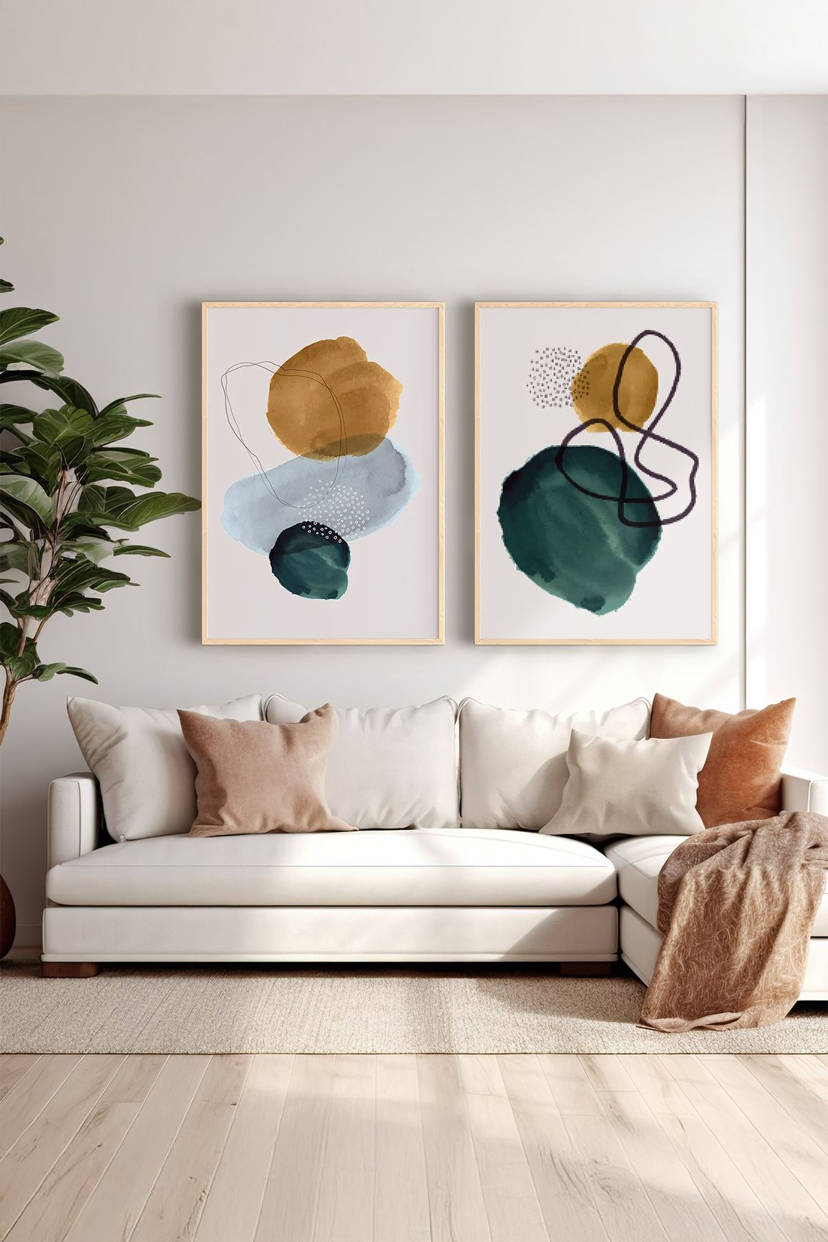 Conjunto de 2 Quadros Decorativos Emoldurados em Madeira Maciça - Impressão Digital Multicolor 33x48cm