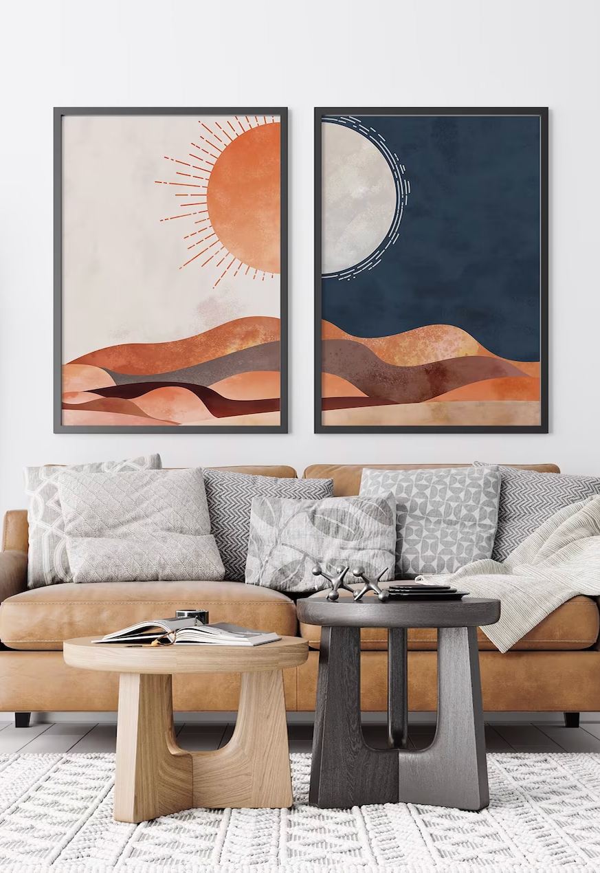 Conjunto de 2 Quadros Decorativos Emoldurados - Madeira Maciça 33x48cm - Impressão Digital Premium Multicolor