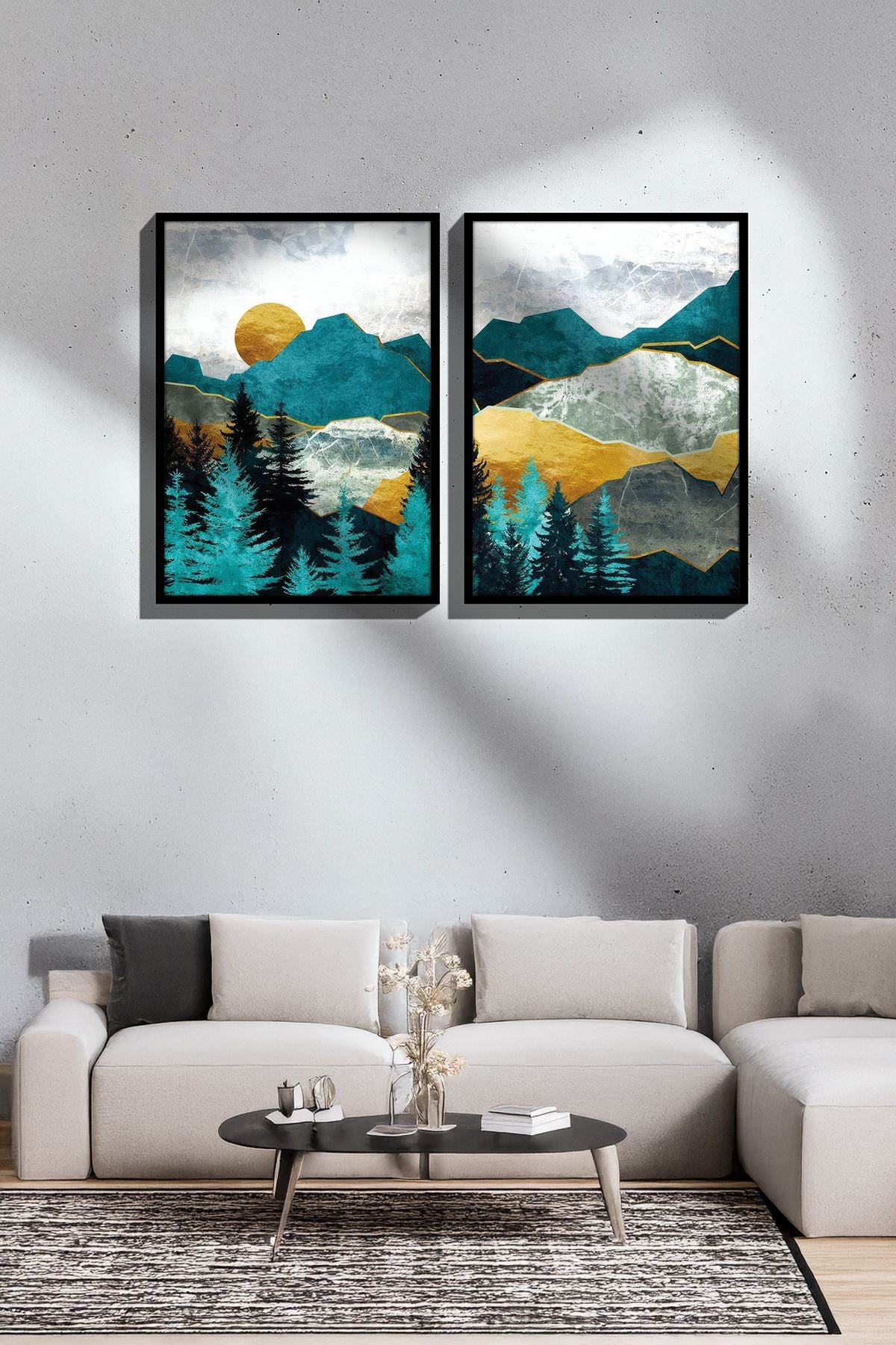 Conjunto de 2 Quadros Decorativos Emoldurados - Madeira Maciça 33x48cm - Impressão Digital Premium