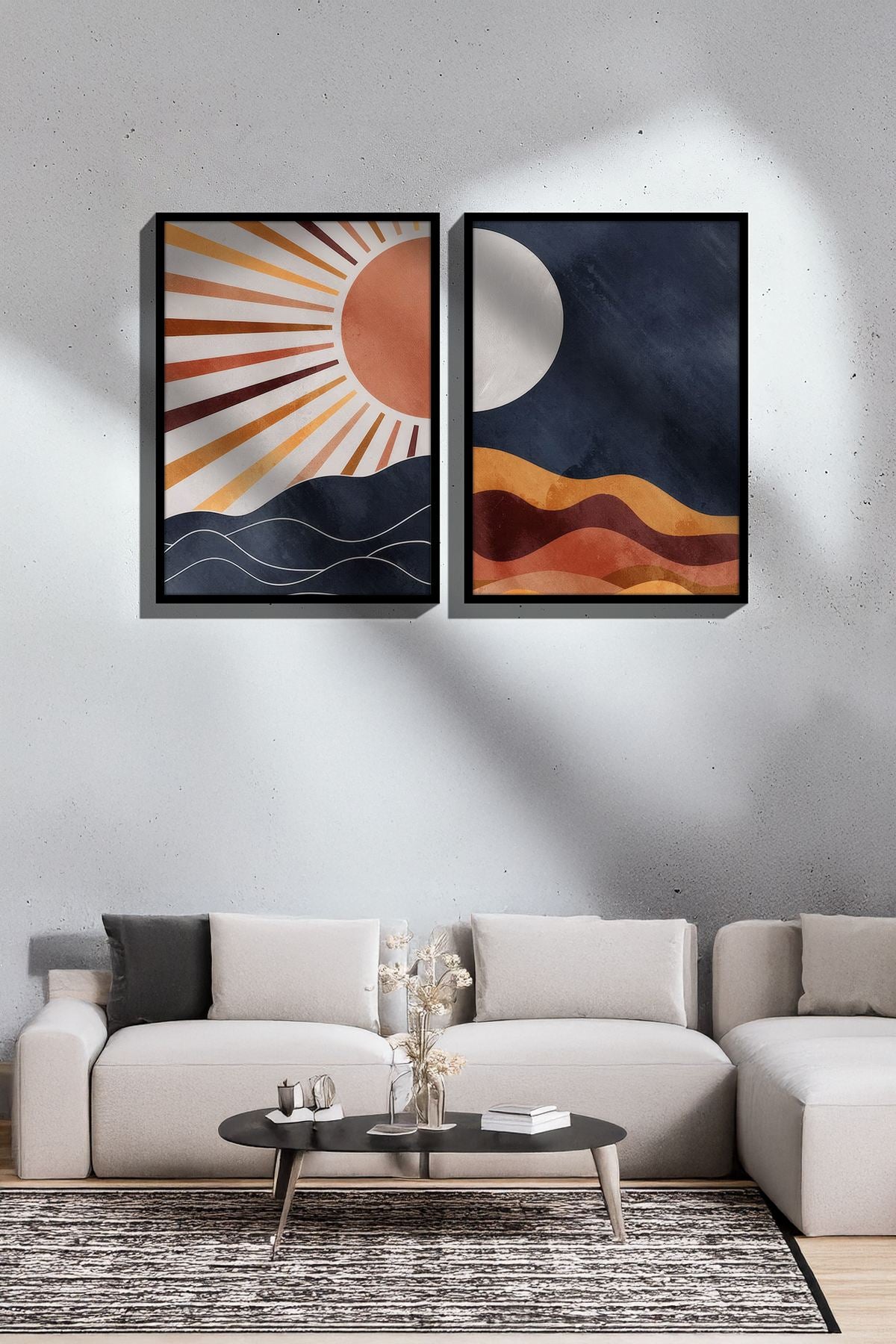 Conjunto de 2 Quadros Decorativos Emoldurados - Madeira Maciça 33x48cm - Impressão Digital Premium