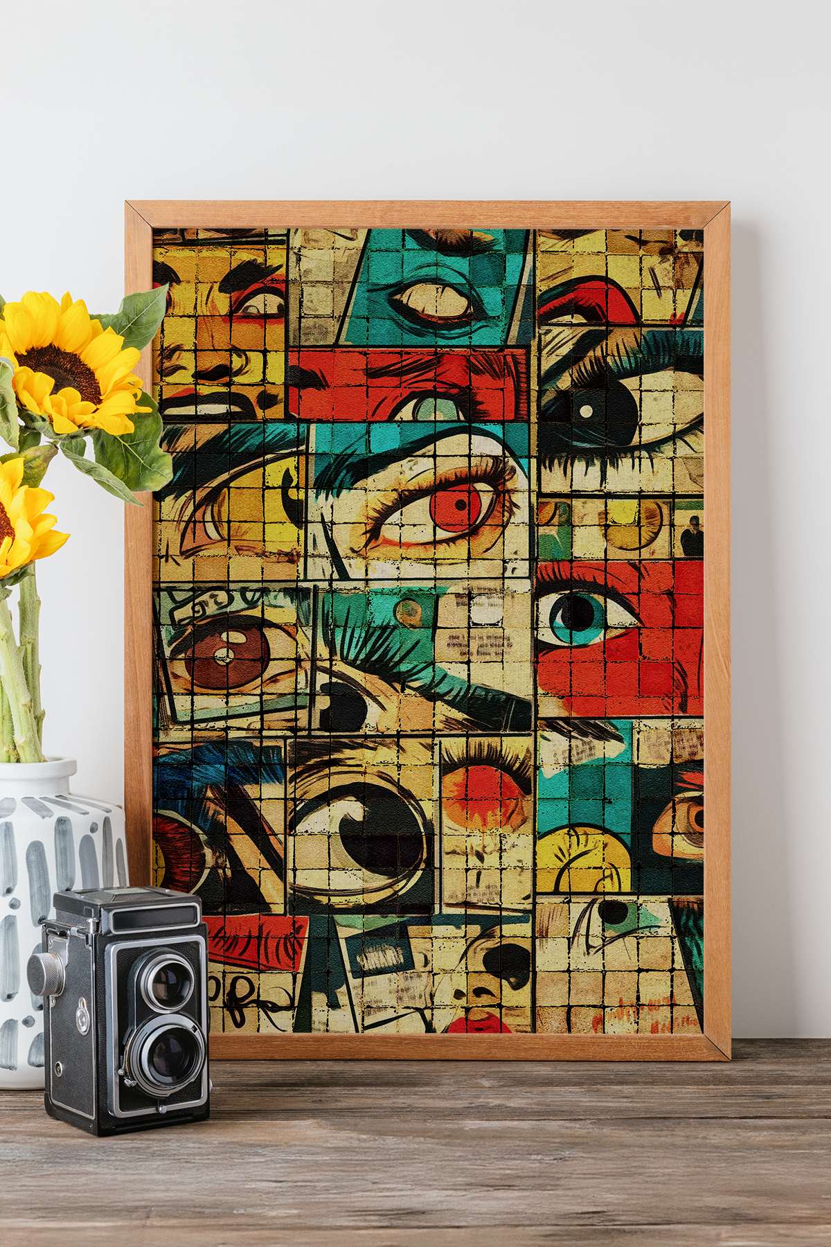 Quadro Decorativo Popmosaıc5 Multicolor - Pintura Emoldurada em Madeira Maciça 33x48cm