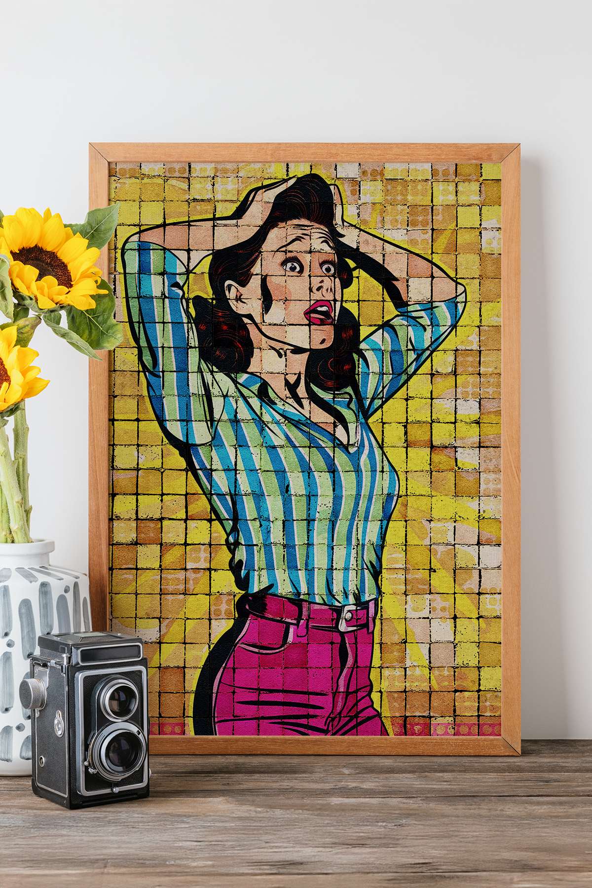 Quadro Decorativo Popmosaıc14 Multicolor - Pintura Emoldurada em Madeira Maciça 33x48cm