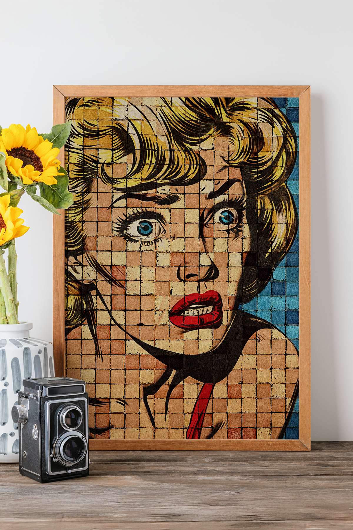 Quadro Decorativo Popmosaıc16 Multicolor - Pintura Emoldurada em Madeira Maciça 33x48cm