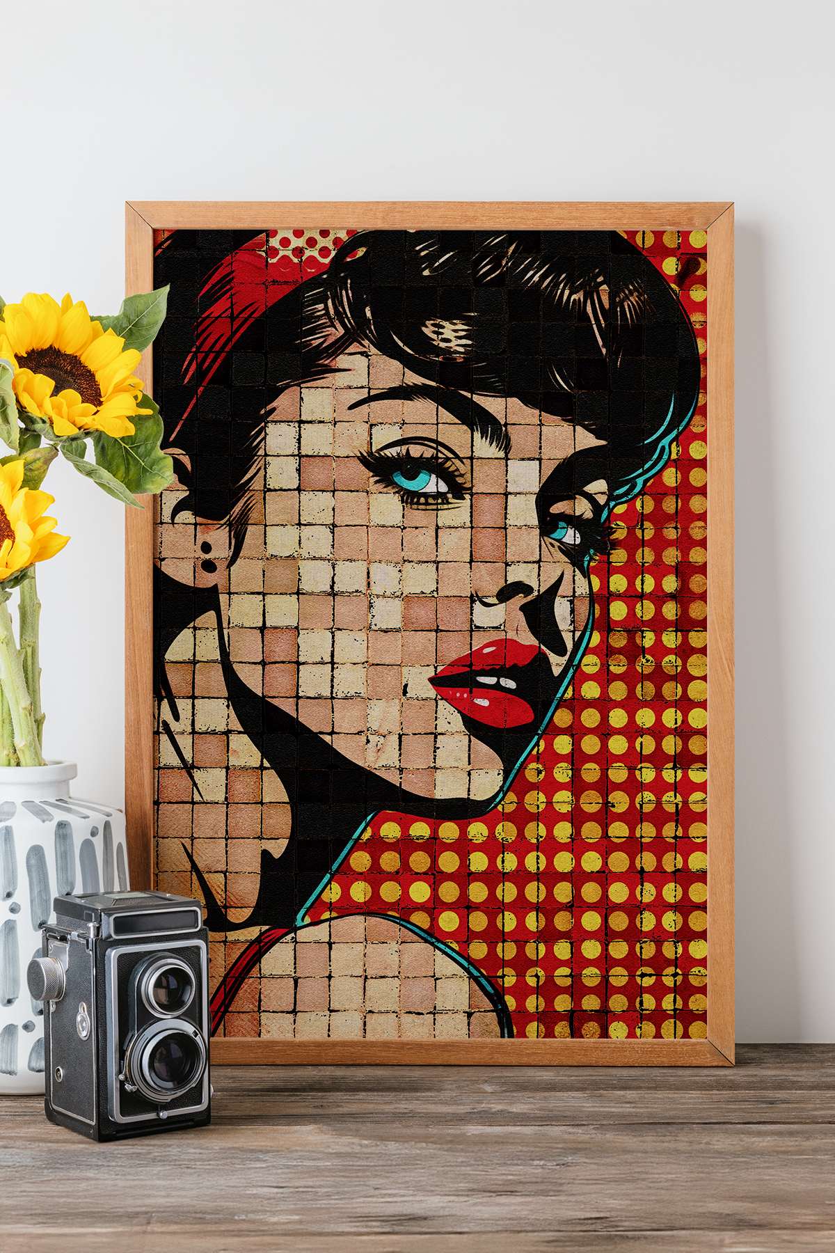 Quadro Decorativo Popmosaıc19 Multicolor - Pintura Emoldurada em Madeira Maciça 33x48cm