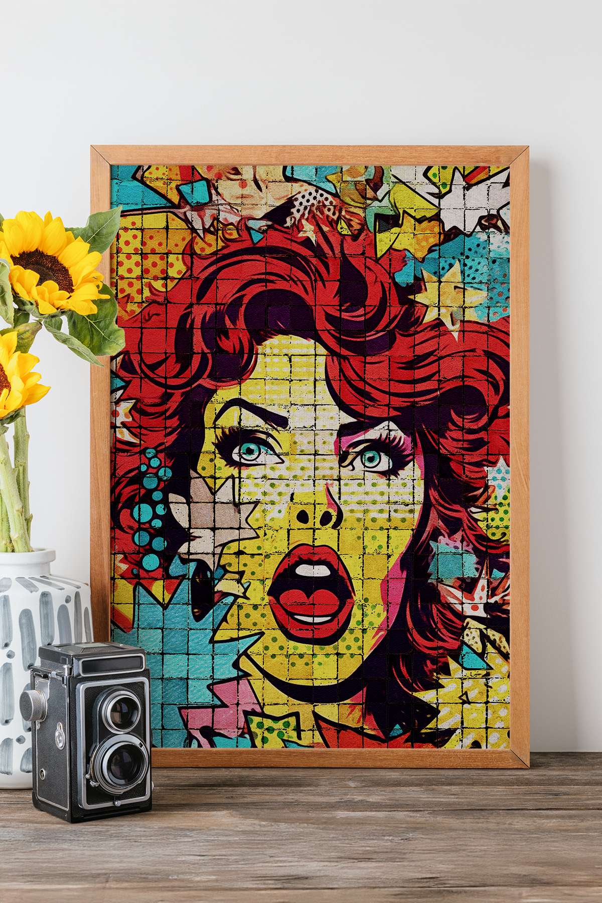 Quadro Decorativo Popmosaıc20 Multicolor - Pintura Emoldurada em Madeira Maciça 33x48cm