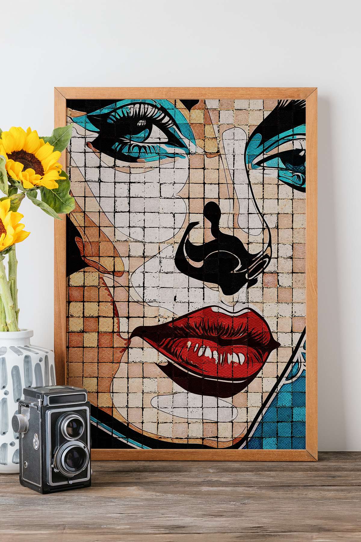 Quadro Decorativo Popmosaıc21 Multicolor - Pintura Emoldurada em Madeira Maciça 33x48cm com Impressão Digital