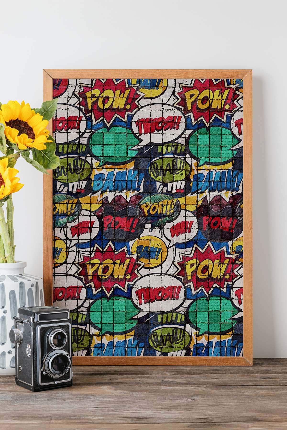 Quadro Decorativo Popmosaıc25 Multicolor - Pintura Emoldurada em Madeira Maciça 33x48cm com Impressão Digital