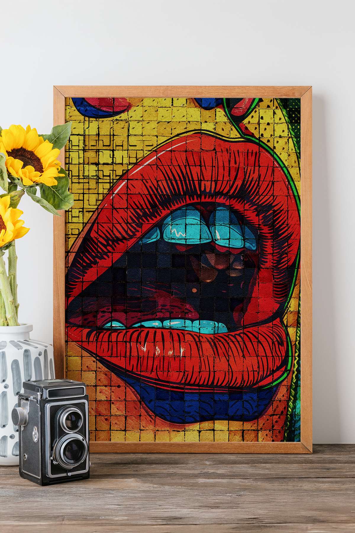 Quadro Decorativo Popmosaıc28 Multicolor - Pintura Emoldurada em Madeira Maciça 33x48cm com Impressão Digital