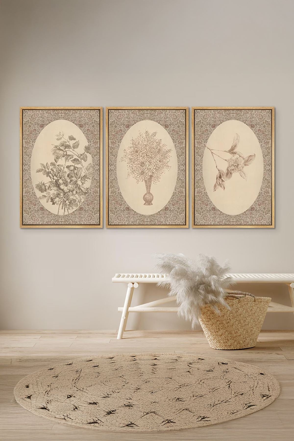 Conjunto de 3 Quadros Decorativos Multicolor com Moldura de Madeira Maciça - 33x48cm