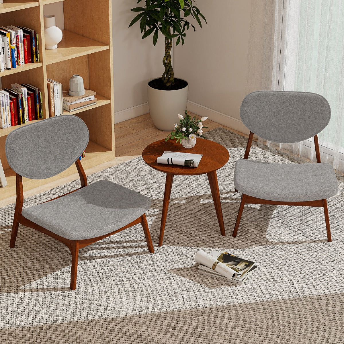 Conjunto de 2 Cadeiras Decorativas com Mesa Auxiliar Cadeiras Estofadas em Veludo de Cordeiro com Estrutura em Madeira Maciça para Quarto Cinzento