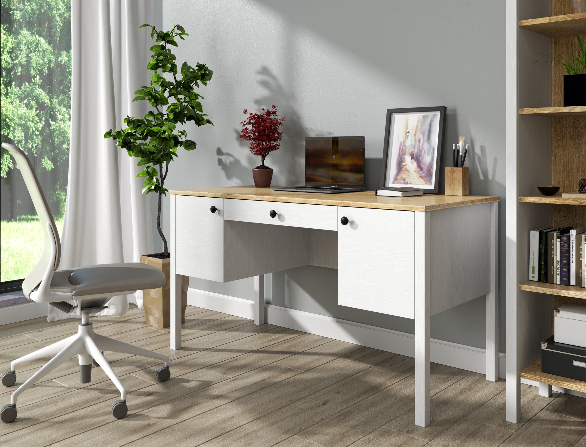 Secretária de Estudo de Aglomerado – 132cm x 73cm x 60cm – Branco e Madeira – Aglomerado revestido de melamina