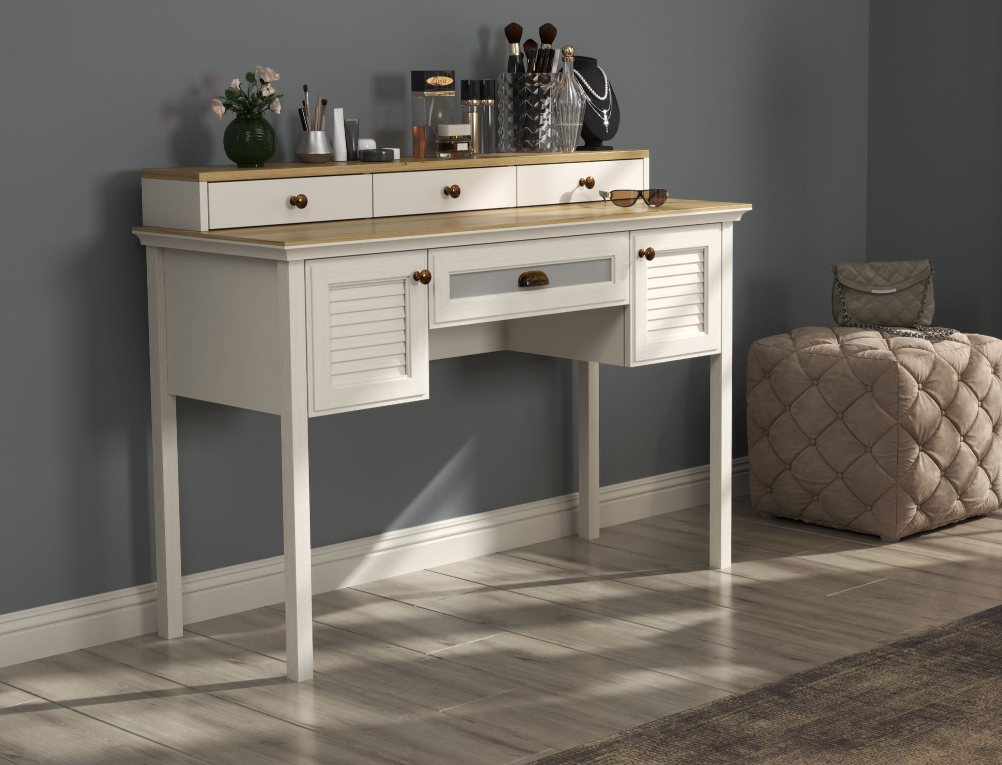 Mesa de Maquilhagem Premium com Múltiplas Prateleiras e Fixação de Parede - 3 Cores Disponíveis