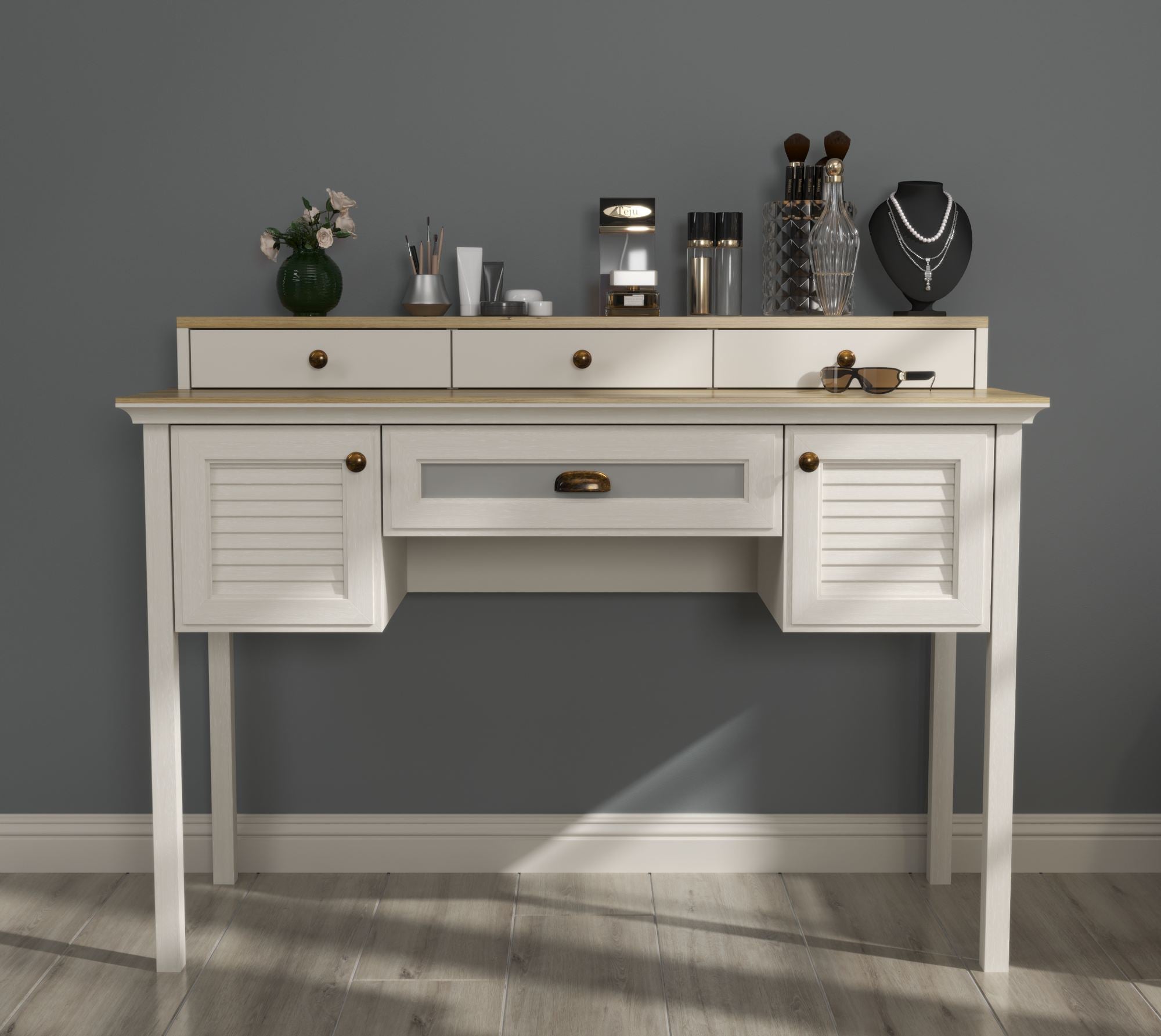 Mesa de Maquilhagem Premium com Múltiplas Prateleiras e Fixação de Parede - 3 Cores Disponíveis