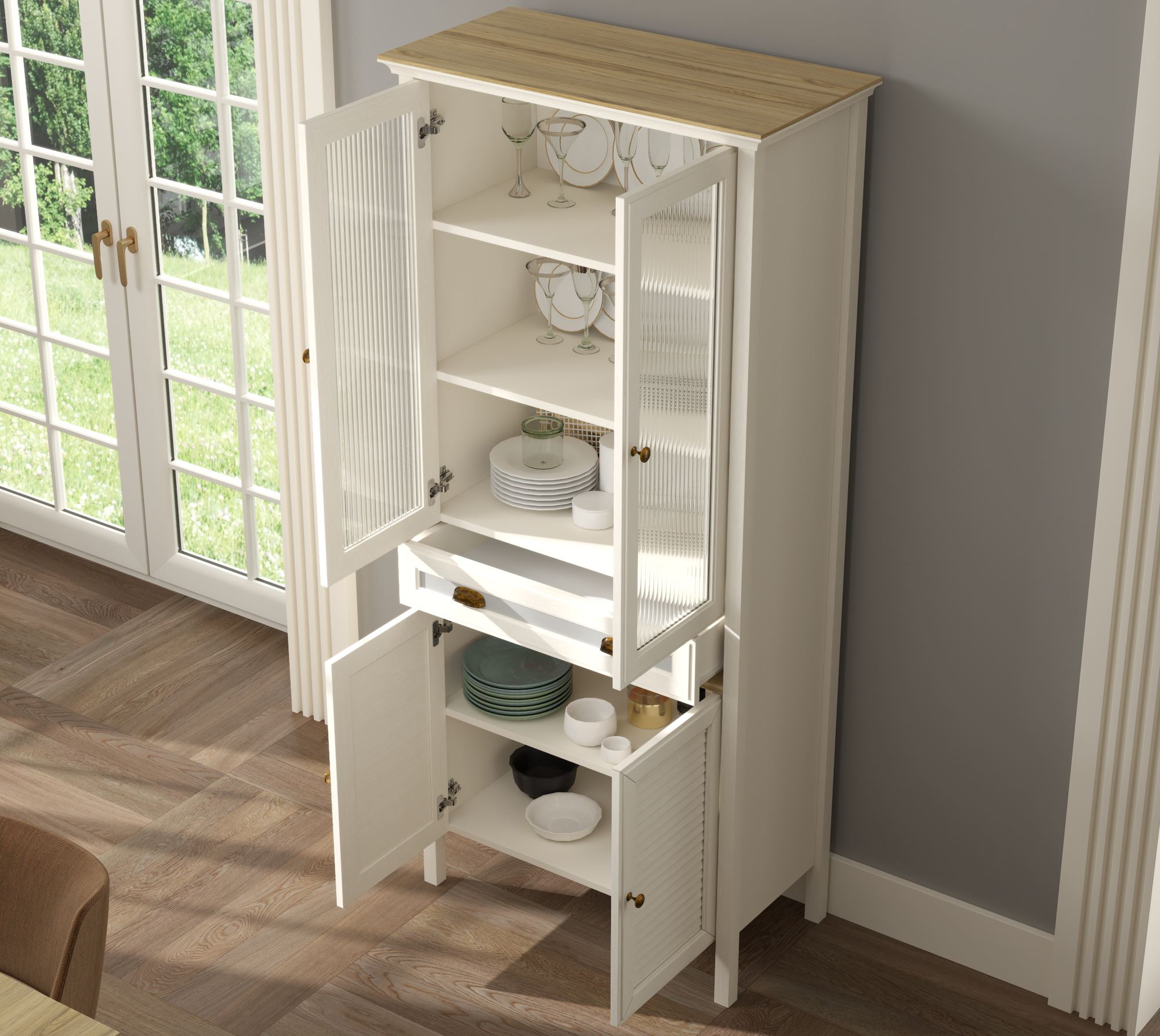 Armário Multiusos de 194cm com Prateleiras Ajustáveis e Acabamento em Melamina - Disponível em Creme, Carvalho e Cinzento