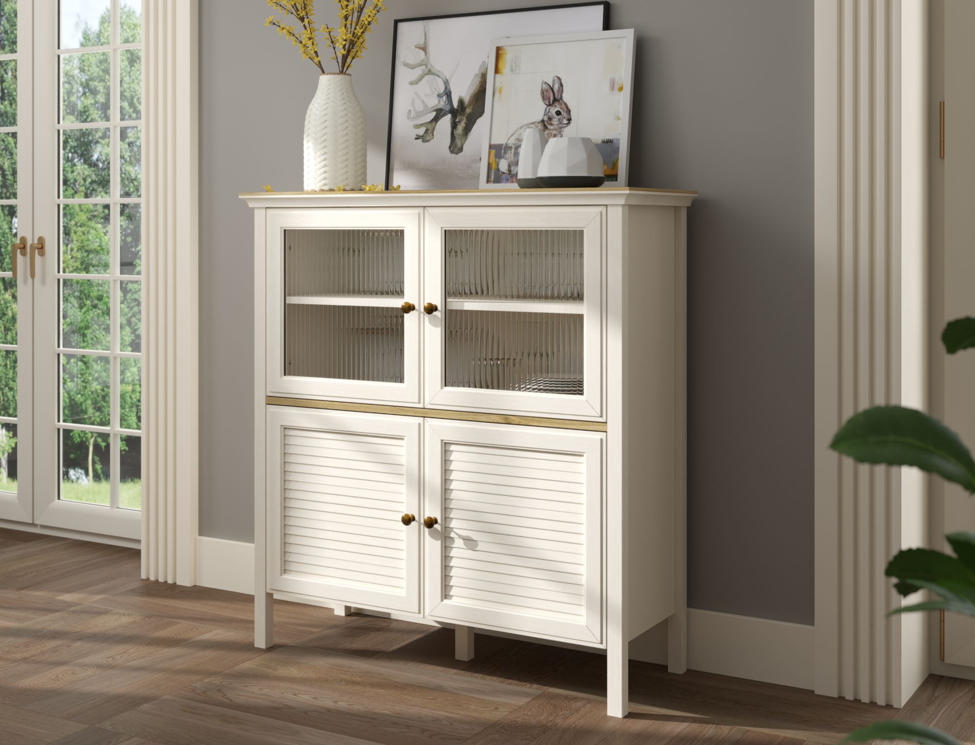 Armário Multiusos Creme e Carvalho com Prateleiras Ajustáveis e Fixação de Parede - 110cm