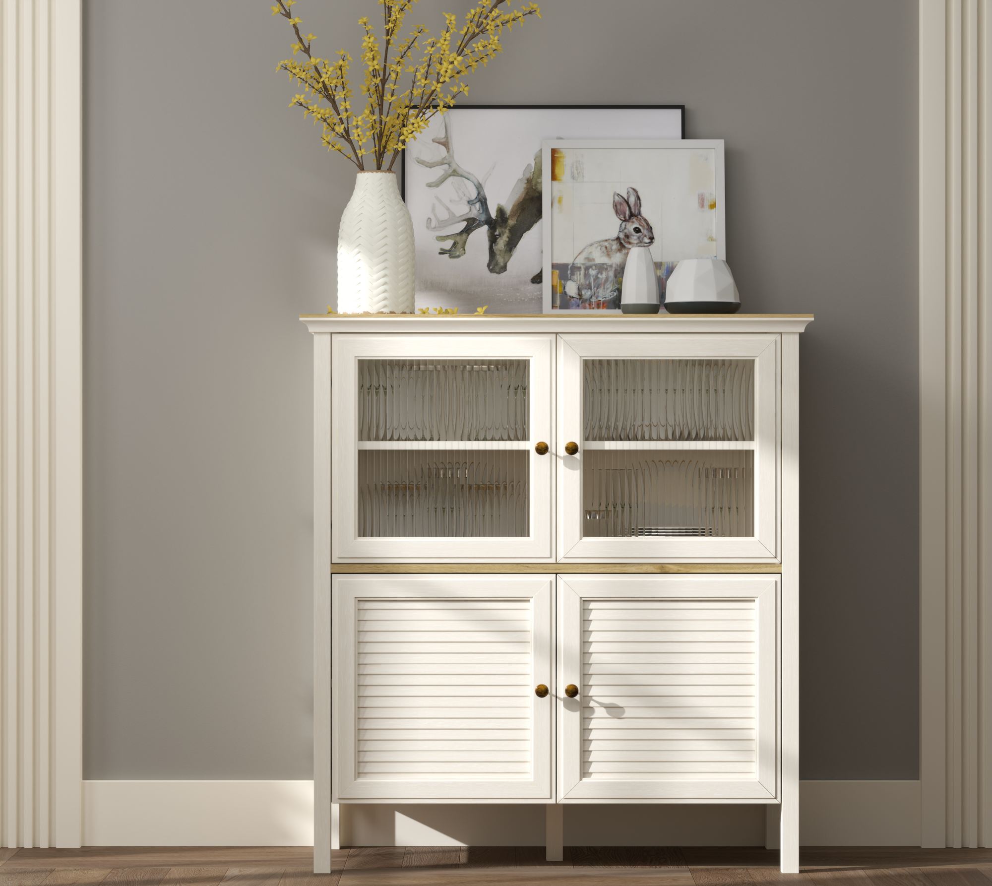 Armário Multiusos Creme e Carvalho com Prateleiras Ajustáveis e Fixação de Parede - 110cm