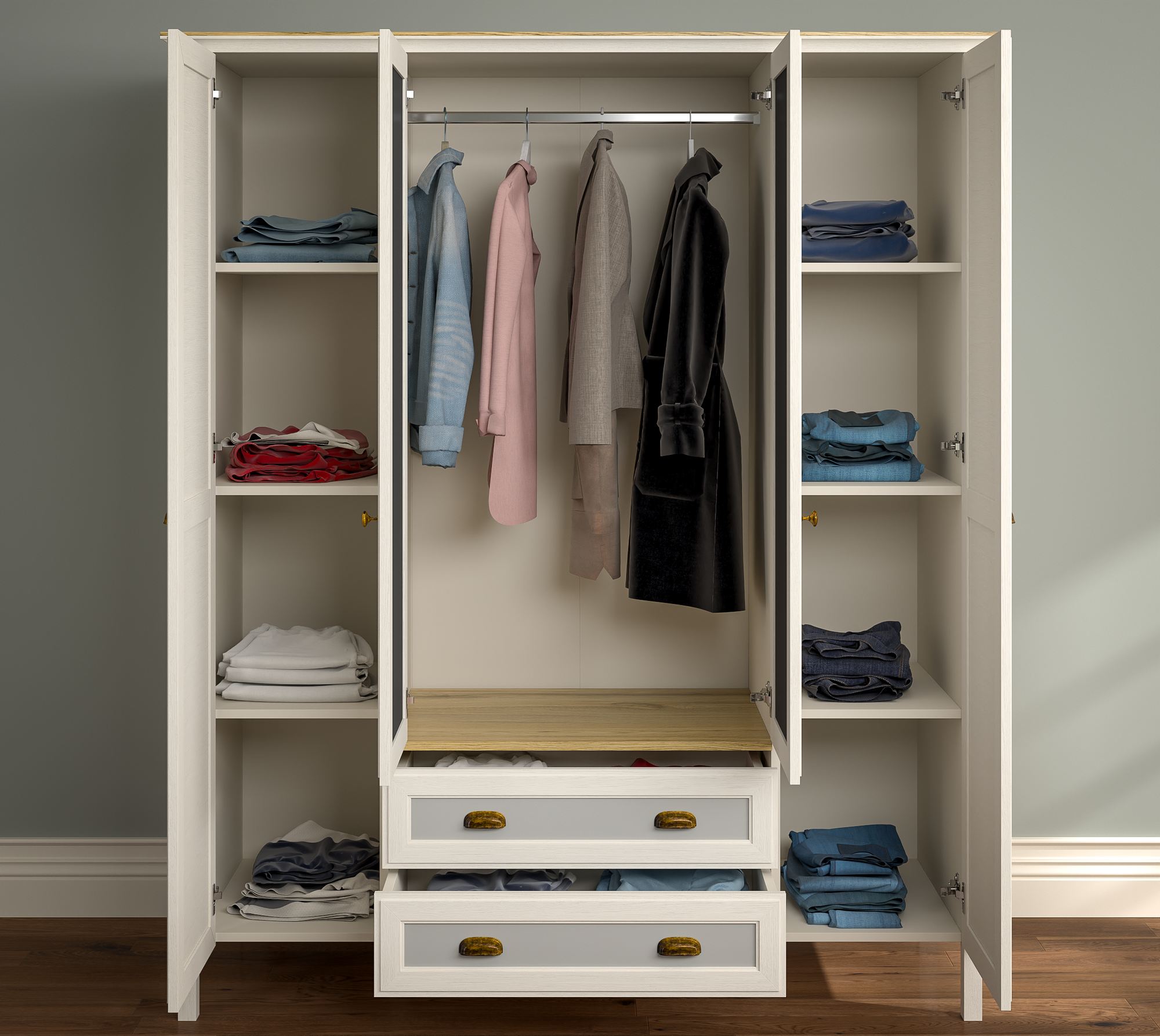 Roupeiro Moderno de 3 Cores com Múltiplas Prateleiras e Fixação à Parede - 165cm de Largura