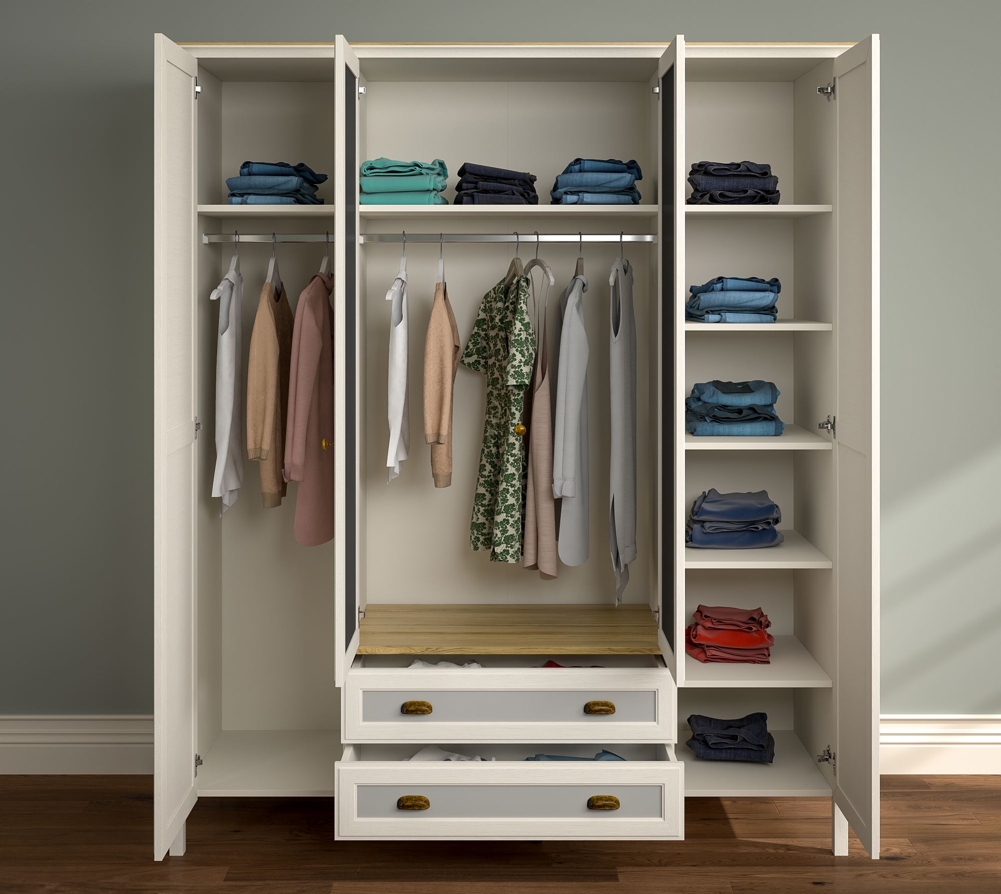 Roupeiro Moderno de 3 Cores com Múltiplas Prateleiras e Fixação à Parede - 186cm de Largura