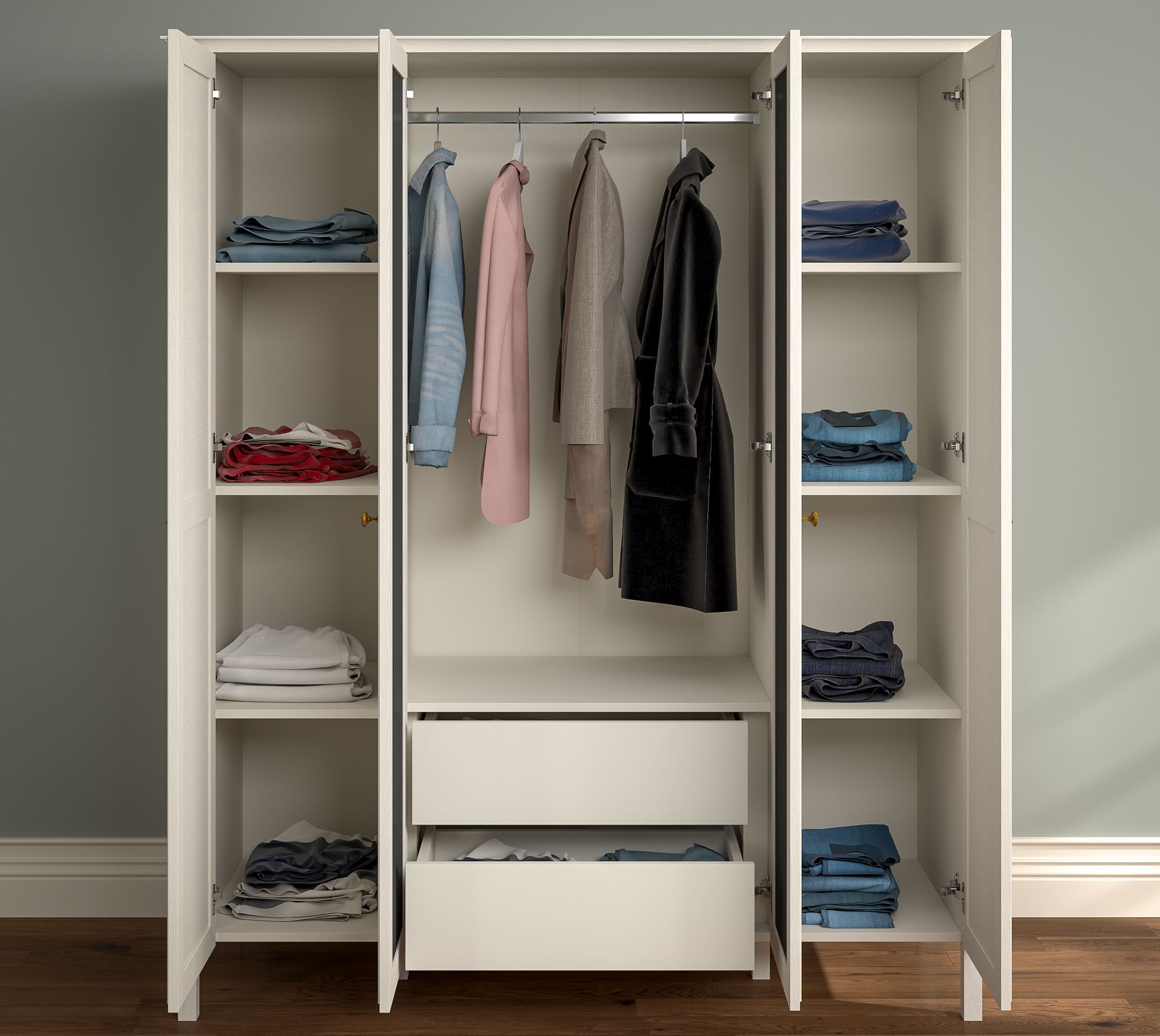 Roupeiro Creme Premium com Múltiplas Prateleiras - 185cm de Largura com Fixação à Parede