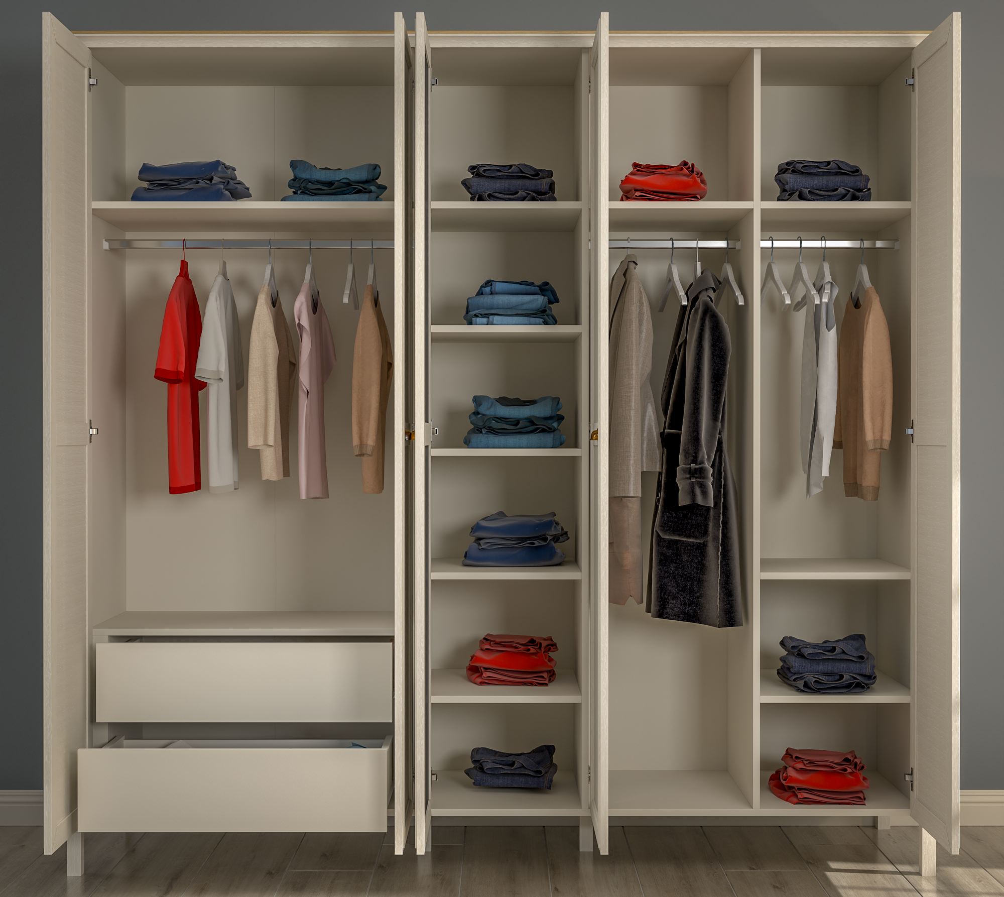 Roupeiro Creme Premium 229cm com Múltiplas Prateleiras e Fixação à Parede - Acabamento Melamina de Alta Qualidade