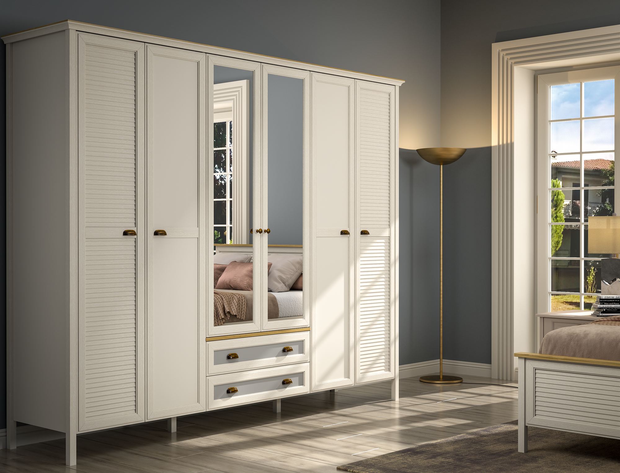 Roupeiro Moderno de 272cm com Múltiplas Prateleiras - Disponível em Creme, Carvalho e Cinzento